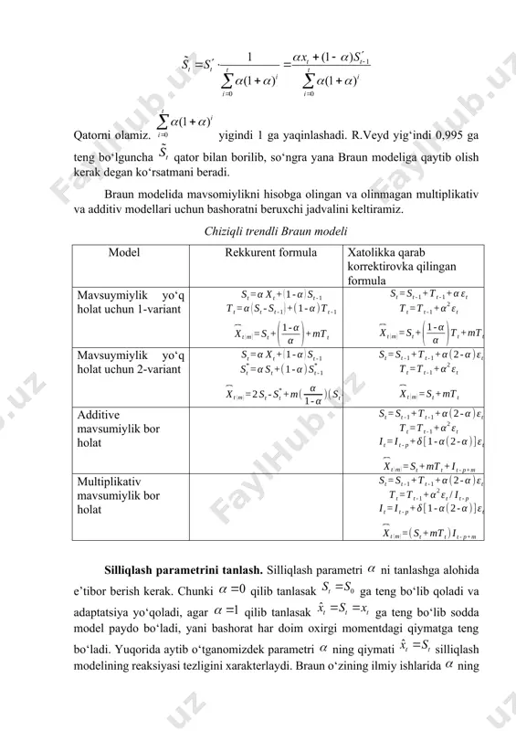 iqlash modelning reaksiyasini ko‘rib o‘tamiz. impulsga reaksiya. faraz qilaylik vaqt qatori quyidagi ko‘rinishda impulsga ega bo‘lsin yoki va , agar bo‘lsa, u holda eksponensial silliqlash modelining ko‘rinisi jlamiz. faraz qilaylik vaqt qatori quyidagi zinapoyasimon ko‘rinishda impulsga ega bo‘lsin bu yerda , xususan bo‘lsin, u holda eksponensial silliqlash modelining ko ‘ ko‘rinisi olamiz. xuddi shunga o‘xshash variatson qator turli variantlari uchun quyidagi jadvalni olamiz. kirayotgan oqim eksponensial o‘rtacha xatolik impuls 0 sakrashli 0 chiziqli garabolik sinusoidal to‘lqin reaksiyalari. braun agar vaqt qatori oqimga ega bo‘lsa esponensial o‘rtacha silliqlashni ko‘rinishda bo‘lishini hisoblab topdi. bu yerdagi faza burchak tenglamani ildizidan topiladi. demak sinusoidal oqim chiqishda yana sinusoidal oqim ko‘rinishda bo‘ladi, lekin amplitudasi kichikroq va fazaga kechikadi. umuman olganda barcha variantlarni umumlashtirib shuni xulosa qilish mumkinki, braun modelida dispersiya kichirib tebranish kamaymoqda, lekin kechikish yuz bermoqda. kechikishni yo‘qotish uchun ni 1 ga intiltirish kerak, ammo bunda model ko‘rinishga yaqinlashib boradi. bu va shunga o‘xshash …