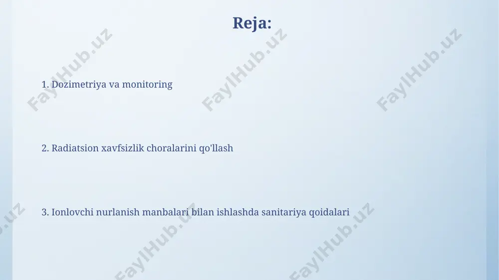 риш орқали амалга оширилади. ionlashtiruvchi nurlanish manbalari bilan ishlashda sanitariya qoidalari o'zbekiston respublikasi sanitariya qoidalari bo'yicha, 1000 kbq dan yuqori faollikdagi ionlashtiruvchi nurlanish manbalari bilan ishlashda individual dozimetrlarni majburiy taqish va har 3 oyda tekshiruvdan o'tish talab etiladi. ionlashtiruvchi nurlanish manbalarini 50 msv dan oshmasligi kerak bo'lgan yillik dozani ta'minlash uchun toshkentdagi radiologiya markazlari maxsus himoya vositalaridan foydalanishni majburiy qiladi. favqulodda vaziyatlarda harakatlar rejasi agar ionlashtiruvchi nurlanish manbai buzilgan bo'lsa, xodimlar darhol 30 metr radiusli xavfsizlik zonasini tashkil qilib, 2-sonda ko'rsatilgan evakuatsiya rejasi bo'yicha harakat qilishlari shart. nurlanish darajasini o'lchash uchun dozimetrlar ishlatiladi. agar dozimetr 100 msv dan yuqori nurlanishni ko'rsatsa, xodimlar maxsus himoya vositalarini kiyib, 5-sonli boshpana joyiga ko'chishi lozim. me'yoriy-huquqiy hujjatlar andijon viloyati misolida, 3-sonli sanitariya qoidalariga ko'ra, ionlashtiruvchi nurlanish manbalaridan foydalanuvchi barcha tashkilotlar har yili radiatsion nazoratdan o'tishi va tegishli hujjatlarni 15-martgacha taqdim etishi shart. o'zbekiston respublikasining 2011-yil 29-dekabrdagi “ionlashtiruvchi nurlanish manbalaridan foydalanish tartibi to'g'risida”gi 352-sonli qonuni …