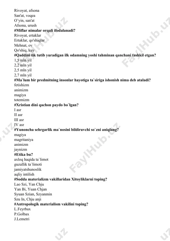 an szian, szyanmin szu in, chju anji #antropologik materialism vakilini toping? l.feyrbax p.golbax j.lemetri demokrit #qachondan jahon falsafasi kunlari o`tgazila boshlagan? 2002yildan 2004yildan 2005yildan 2006yildan #falsafa jahon muommolari bilan yuzmayuz mavzusidagi kongress qaysi shaharda o`tgazilgan? anqara parij london berlin #natural falsafaning matematik asoslari asarining mualifi kim? nyuton kant gegil mester #arabcha ishonch ma`nosini anglatuvchi so`zni toping? din falsafa jamiyat mahalla #falsafa so`zining ma`nosi nima? sevaman, donolik jamiyatni tatqiq etmoq o`rganmoq ajratmoq #”kuch bilim va tafakkurda” ushbu so`zlar mualifi kim? i.karimov sh.mirziyoyev a.saidov a.ravshanov #falsafiy akademiya london qirollik jamiyati qachon paydo bo`lgan? 1666yil 1700yil 1765yil 1876yil #k yaspers qaysi davlat faylasufi? nemis fransuz ingliz ispan #dialektik materializm vakillarini toping? k.marks, f.inglis i.kant, f.inglis p.golbax, i.kant polvin, p.golbax #lotinchada “jon” ma`nosida keluvchi falsafiy atamani ayting? animizm numizmatika magiya etika #kim o`z tadqiqotlarida aqsh olimlarining 40 foizi xudoga ishonishini o`rganib chiqqan? jeyms lyuba i. kant i.jeyms korni #totemizm etiqodiga ko`ra sigirga e`tiqod qaysi …