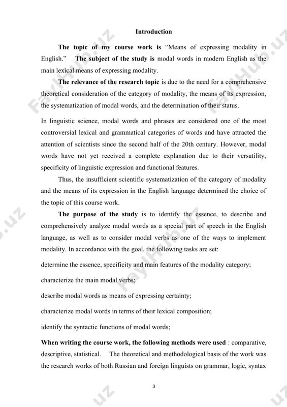 c nature and composition of the particular meanings of which so many contradictory points of view have been expressed as about the category of modality. most authors include in its composition meanings that are the most heterogeneous in their essence, functional purpose and belonging to the levels of linguistic structure, so that the category of modality is deprived of any certainty. meanwhile, this problem is of significant importance not only for linguistics, but also for logic, since the category of modality belongs to the area of linguistic phenomena where their connection with the logical structure and thinking is most direct. it is known that modality is equally a subject of study in both linguistics and logic. and if in the first modality is included among the most essential characteristics of a sentence as a linguistic unit, then in the second it is considered as an essential feature of judgment as …