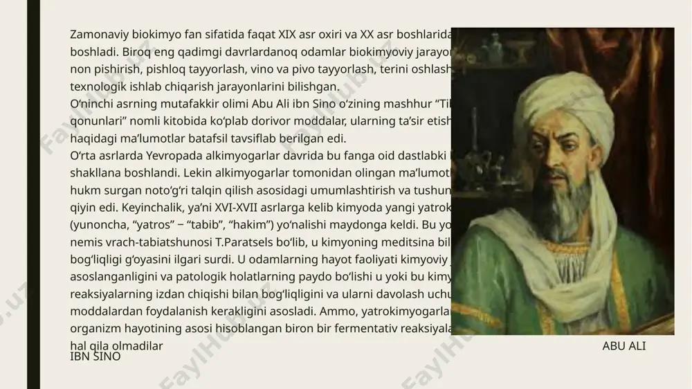 hini izohlashi) fanning rivojlanishida ijobiy rol o‘ynadi, chunki bu narsa kimyoda eksperimental yo‘nalishni rivojlantirishga sababchi bo‘ldi. ushbu nazariyaning rad etilishi fanda m.v.lomonosov va a.lavuazyelar tomonidan materiyaning (moddalar og‘irligining) saqlanish qonunini kashf etilishi va tasdiqlanishi bilan bog‘liq. bundan tashqari, a.lavuazye nafas olishda, shuningdek, organik moddalarning yonishi jarayonida kislorodning yutilishi va karbonat angidridning chiqarilishini isbotlab berdi. rus olimi k.s.kirxgof (1814) arpa maysasi ekstrakti kraxmalni shakarga aylanishini ta’minlovchi fermentativ jarayonni fanga ma’lum qildi. mixail lomonosov rus tabiatshunosi jahon kimyogar olimlari qatorida o‘zbekistonlik kimyogar olimlar ham kimyo fani va sanoatining rivojlanishiga o‘z hissalarini qo‘shib kelmoqdalar. o‘zbekiston fanlar akademiyasining umumiy va anorganik kimyo instituti, polimerlar kimyosi va fizikasi instituti, bioorganik kimyo instituti, o‘simlik moddalari kimyosi instituti hamda bir qator ilmiy tadqiqot laboratoriyalarida, oliy o‘quv yurtlarining kimyo fakultetlari va kafedralarida kimyo sohasining turli yo‘nalishlari bo‘yicha ilmiy tadqiqotlar olib borilmoqda. o.s. sodiqov(1913–1987). o‘zfa akademigi, kimyo fanlari doktori, professor. 600 dan ortiq ilmiy maqolalari, 100 dan ortiq ixtirolari …