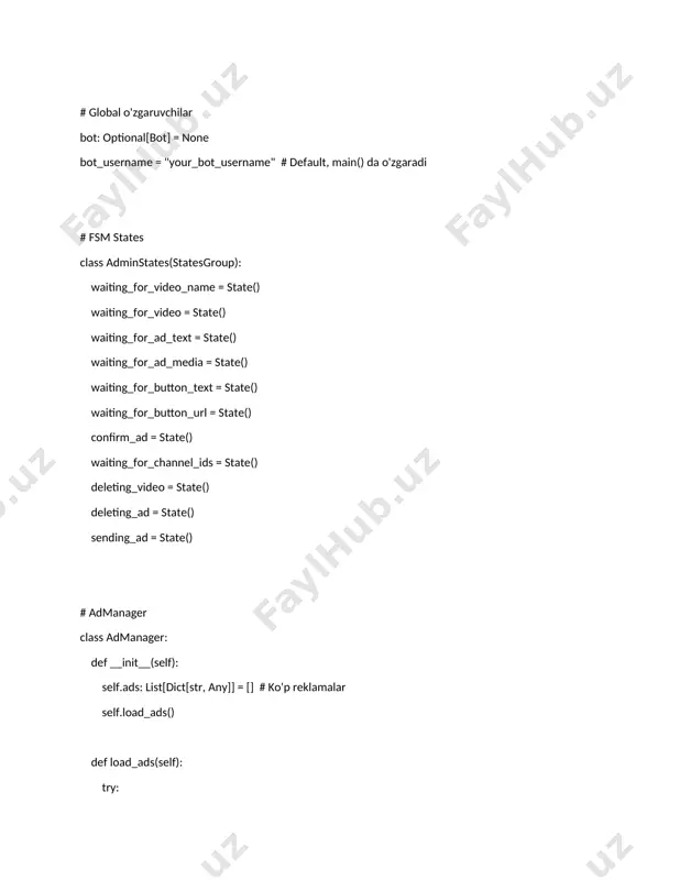 .info("reklamalar saqlandi") except exception as e: logger.error(f"reklamalarni saqlashda xato: {e}") def add_ad(self, ad_data: dict): ad_data['id'] = self.generate_ad_id() ad_data['created_at'] = datetime.now().isoformat() self.ads.append(ad_data) self.save_ads() def get_ads(self) -> list[dict[str, any]]: return self.ads def get_ad_by_id(self, ad_id: str) -> optional[dict[str, any]]: for ad in self.ads: if ad['id'] == ad_id: return ad return none def delete_ad(self, ad_id: str): self.ads = [ad for ad in self.ads if ad['id'] != ad_id] self.save_ads() def clear_ads(self): self.ads = [] if os.path.exists('ads.json'): os.remove('ads.json') logger.info("barcha reklamalar o'chirildi") def generate_ad_id(self) -> str: while true: ad_id = ''.join(secrets.choice(string.ascii_letters + string.digits) for _ in range(8)) if not any(ad['id'] == ad_id for ad in self.ads): return ad_id # videodata class videodata: def __init__(self, filename: str = 'data.json'): self.filename = filename self.videos: dict[str, dict[str, any]] = {} self.users: dict[str, dict[str, any]] = {} self.required_channels: list[str] = [] self.load_data() def _ensure_file_exists(self): if not os.path.exists(self.filename): with open(self.filename, 'w', encoding='utf-8') as f: json.dump({ 'videos': {}, 'users': {}, 'required_channels': [] }, …