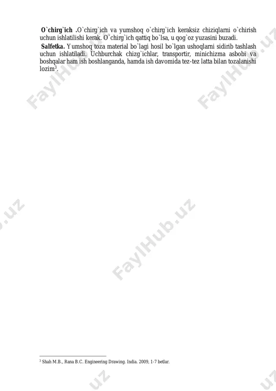 di. bu o`lchovlar to`g`ridan-to`g`ri qisqartirilgan yoki kattalashtirilgan uzunlik beradi. masalan, 1:2 o`lchovdagi 2sm uzunlik 1:1 o`lchovdagi 1smga teng (1.1.7.-rasm). masalan, hindiston standartlash idorasi 1.2 jadvalda berilgan standartni ishlatishni tavsiya etadi. transportir. transportir burchaklarni o`lchash uchun ishlatiladi (1.1.8.-rasm). u shaffof plastikdan yarim aylana yoki aylana shaklda tayyorlanadi va kvadrat yoki qiya shakldagi qirraga ega. 100, 150 yoki 200 mm diametrli transportirlar ishlatiladi. lekalolar. lekalolarning turli xillari mavjud (1.1.9-rasm). ular aylana yoylardan farq qiluvchi turli xildagi egri chiziqlar chizish uchun ishlatiladi. lekalo iloji boricha ko`proq nuqtalarga joylashtiriladi, shu vaqtda u talab qilingan egri chiziqqa mos bo`ladi. kamida uch nuqta mos kelishi kerak. oldinga harakatlantirilganda oldindan chizilgan egri chiziq qismi ravon bo`lishi uchun qayta taqqoslanishi kerak. prujinali to`g`noqichlar. prujina to`g`nogichlar chizma qog`ozini chizma doskasiga mahkamlash uchun ishlatiladi (1.1.10.-rasm). chizma qog`ozni mahkamlash uchun yopishqoq tasma ham ishlatilishi mumkin. chizma qog`ozi. chizma qog`ozi qalin, silliq, mustahkam, pishiq va qalinlik meyoriga mos bo`lishi kerak. yaxshi o`chirg`ich …