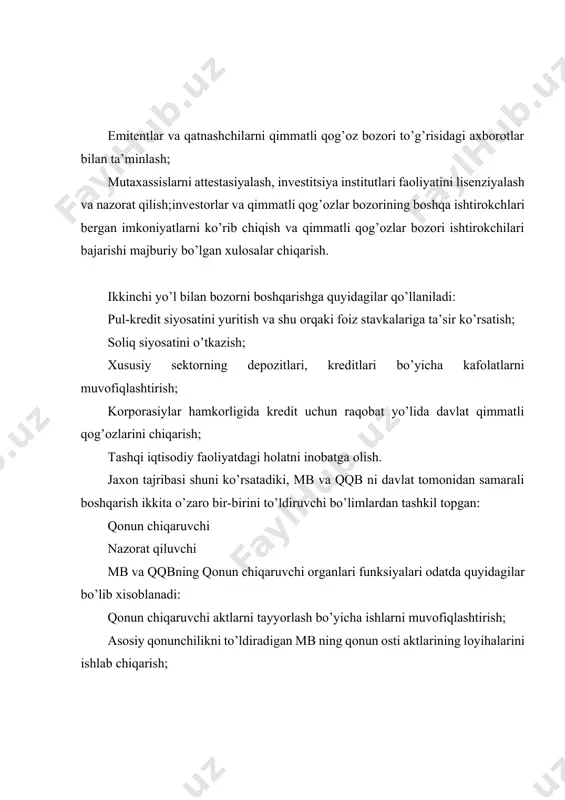 jahon mb ga integrasiyalashtirish ; qimmatli qog’ozlarning sun’iyligi va aldanishlari uchun kurash oilb borish. qqb professionak ishtirokchilarining o’z-o’zimni boshqarish tashkilotlari butun dunyoda fond faoliyatidagi umumiy mexanizmning muxim tarkibiy elementi bo;lib xisoblanadi. nodavlat va noburjaviy qimmatli qog’ozlar bozorida tartib o’rnatuvchi, bu tartib va qoidalarga professionallar tomonidan rioya qilinish nazoratini ta’minlovchi maxsus nodavlat tashkilotlari faoliyat yuritadi. bu tashkilot professiolallarning assosiyasi ko’rinishida tuzilib, u qimmatli qog’ozlar bozori qatnashchilarining manfaatlari va xuquqlarini himoya qiladi. ushbu tashkilotning manfaatlari davlat manfaatlari bilan mos keladi va ular birgalikda fond bozorini boshqaradilar. o’z-o’zini tartibga soluvchi tashkilotlar qqb ning professional ishtirokchilari tomonidan kasbiy etika standartlariga amal qilish, qimmatli qog’ozlar egalarining manfaatlarini ximoya qilish va boshqa fond bozorini ishtirokchilari uchun tashkil etiladi. masalan, aqsh da bunday tashkilotlar sifatida quyiqagi sub’ektlar faoliyat yuritaqilar: fond birjalari; fond dillerlarining milliy assosiasiyasi; 12 ta kliring agentligi; qimmatli qog’ozlar savdosi bo’yicha munisipal kengash; investorlarning manfaatlarini ximoyalash korporasiyasi. bularning ichida eng salmoqli va nufuzlisi 1939 yilda …