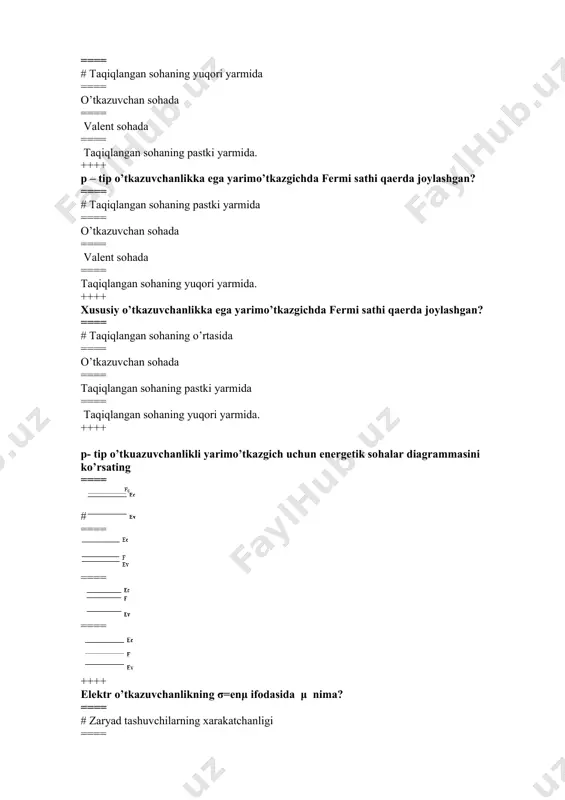 ish ==== issiqlik ta’sirida dielektrik xususiyatlarini o’zgarishi ==== tashqi ta’sirlarni dielektrik doimiysini o’zgartirish ++++ dielektrik yo’qotish ==== # tashqi elektr maydonini dielektrik qutblanishga sarflangan qismi ==== tashqi o’zgaruvchan elektr maydonning xajmida issiqlikka aylangan qismi ==== dielektrik xajmida dipol xosil bo’lish energiyasi ==== dielektrikda ionlar siljishiga sarflangan energiya ++++ dioksid kremniy bu ==== # dielektrik xususiyatli modda ==== tokni yaxshi o’tkazuvchi modda ==== yarimo’tkazgich modda ==== o’ta o’tkazuvchi modda ++++ zaryad tashuvchilarning sochilishi nima? ==== # sochilish bu – zaryad tashuvchilar xarakat traektoriyasining egilishi ==== sochilish bu – zaryad tashuvchilar o’rtacha tezligining ortishi. ==== sochilish bu – zaryad tashuvchilarning bo’linishi. ==== sochilish bu – zaryad tashuvchilar sonining kamayishi. ++++ qaysi kattaliklar sochilishning miqdoriy o’lchovi hisoblanadi? ==== # erkin yugurish yo’li va relaksatsiya vaqti ==== o’rtacha tezlik va zaryad tashuvchilar xarakatchanligi ==== zaryad tashuvchilarnining turi va ularning kontsentratsiyasi ==== zaryad tashuvchilarnining yashash vaqti ++++ moddaning issiqlik o’tkazuvchanligi nima? ==== # moddaning ko’proq …