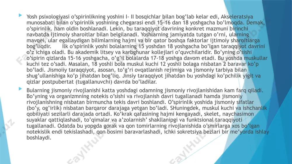 o’qish-o’rganishga undovchi sabablarni yaxshi anglaydilar. o’spirinlik yoshda boshdan kechiriladigan his-tuyqularning boyligi, xilma-xilligi bilan, hayotning turli tomonlariga emotsional munosabatda bo’lishi bilan ajralib turadi. axloqiy va ijtimoiy, siyosiy hislarning rivojlanishi ayniqsa xarakterlidir. ular odatda muayyan axloqiy talablar bilan o’zaro to’g’ri munosabatda bo’ladilar. boshdan kechirgan his-tuyg’ularni anglab yetish mahorati ham rivojlanadi. o’spirinlik yoshida o’quvchilarda o’rtog’lik hissining rivoj topishi xarakterlidir. rossiya psixologlari i.v.straxov bilan a.l.shayarman tadqiqotlarining ko’rsatishicha, o’spirinlik yoshidagi do’stlik o’smirlik yoshidagi do’stlikdan ba’zi bir xususiyatlari bilan farq qiladi. 1. o’spirinlarda do’stlik motivlari ancha chuqurroq bo’ladi, bularda-oshkoralik, o’zaro ishonch, talabchanlik, sadoqat, birgalikda doimiy yordam ko’rsatish, kamchiliklarni tugatish, do’stiga yordam berish, o’zaro hurmat, bir-birini tushunish va hokazo. 2. do’stlik hislari ancha sermazmui bo’lib, qiziqishlar faoliyatning keng doirasini qamrab oladi. 3. do’stlik emotsional bo’lib, do’sti kechirayotgan hislarga javob bera olish qobiliyatiga ega bo’ladi. o’spirinlik yoshida alohida bir his - sevgi paydo bo’ladi. bu maktab o’quvchisining emotsional hayotida yangi bir holat hisoblanadi. o’spirinlik sevgisi sof, pokiza, begubor, …