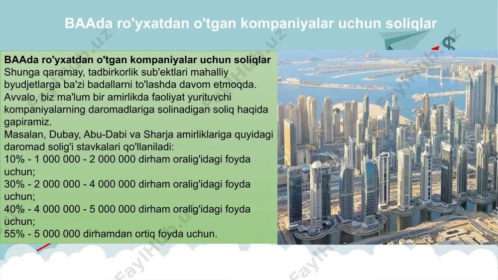 ddi shunday farmonlar dubay va abu-dabi amirliklarida ham chiqarilib, har bir kecha uchun soliq 15 dan 10 dirhamga tushirildi. 8 e’tiboringiz uchun rahmat! 9 image1.jpg image3.jpg image7.jpeg image8.jpeg image9.jpeg image10.jpeg image11.jpeg image12.jpeg image2.jpg image13.jpg