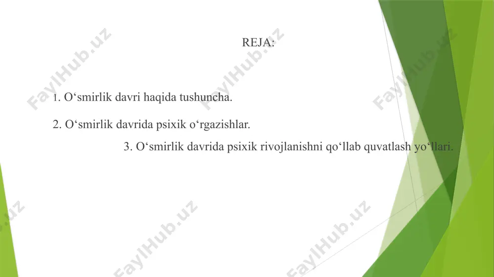 o`rta maktabda o`qishga o`tishi uning hayotida burilish davri hisoblanadi. 2.o‘smirlik davrida psixik o‘rgazishlar. o‘smirlik davri inson hayotidagi eng murakkab va o‘zgaruvchan bosqichlardan biridir. bu davr taxminan 11-12 yoshdan boshlanib, 17-18 yoshgacha davom etadi. psixologlar ushbu bosqichni “ikkinchi tug‘ilish” deb ataydilar, chunki bu paytda inson hayoti va ruhiyatida yangi sifatlar shakllanadi. quyida o‘smirlik davridagi asosiy psixik o‘zgarishlar haqida batafsil ma’lumot beriladi. 1. o‘zini anglashning kuchayishi o‘smirlik davrida shaxs o‘ziga, o‘z fikrlari, his-tuyg‘ulari va harakatlariga tanqidiy nazar bilan qaray boshlaydi. u “men kimman?”, “men boshqalarga qanday ko‘rinaman?”, “hayotimning ma’nosi nima?” degan savollarni o‘ziga bera boshlaydi. bu jarayon shaxsiy identitet — ya'ni o‘zligini anglash shakllanishining bosqichidir. o‘smirlar o‘zlarini boshqalar bilan solishtiradi, ideal obrazlar yaratadi, ba'zida esa o‘zidan norozilik hissi kuchayadi. bu bosqichda noto‘g‘ri yondashuvlar, tanbeh va e’tiborsizlik ularning o‘ziga ishonchini yo‘qotishiga olib kelishi mumkin. 2. emotsional beqarorlik gormonal o‘zgarishlar natijasida o‘smirlar hissiyot jihatdan beqaror bo‘lishadi. ular tez hayajonlanadi, mayda narsalarga ranjiydi yoki quvonadi. …