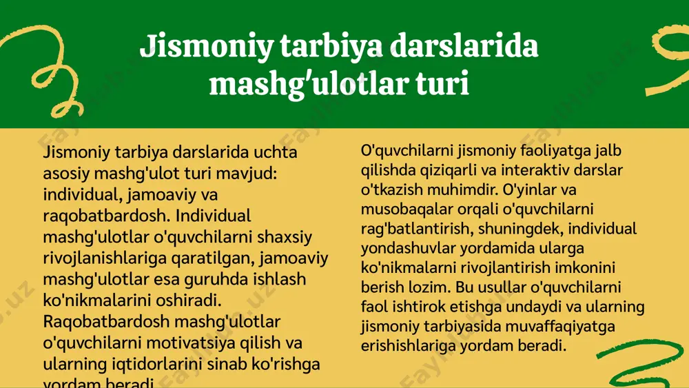 . jismoniy tarbiya darslarida xavfsizlik talablar xavfsizlik choralarining ahamiyati jismoniy tarbiya darslarida xavfsizlik choralarining ahamiyati o'quvchilarni jarohatlardan himoya qilishda, ularning sog'lig'ini saqlashda va dars jarayonida ijobiy muhit yaratishda muhim rol o'ynaydi. o'quvchilarning xavfsizligi ta'minlanmasa, darslar samaradorligi pasayishi mumkin. o'quvchilarning xavfsizligini ta'minlash o'quvchilar xavfsizligini ta'minlash uchun o'qituvchilar darsdan oldin barcha zaruriy choralarni ko'rishlari kerak. masalan, sport jihozlarining holatini tekshirish, xavfsizlik qoidalarini tushuntirish va o'quvchilarni ehtiyotkorlikka chaqirish zarur. dars davomida ehtiyot choralarini ko'rish dars davomida ehtiyot choralarini ko'rish zaruriyati, dars jarayonida yuz berishi mumkin bo'lgan xavf-xatarlarni kamaytirish uchun muhimdir. o'qituvchilar doimo o'quvchilarga diqqat bilan qarab, zarur holatlarda tezkor chora-tadbirlarni ko'rishlari shart. xulosa jismoniy tarbiya darslari o'quvchilarning jismoniy rivojlanishi va sog'lom turmush tarziga yo'naltirishda muhim rol o'ynaydi. darslar davomida jismoniy tayyorgarlik va intizomni rivojlantirishga e'tibor qaratish zarur. o'qituvchilarning professional malakalari va motivatsiya berish usullari darslarning muvaffaqiyatiga ta'sir etadi. shuningdek, xavfsizlik talablariga rioya qilish, o'quvchilarning sog'lig'ini ta'minlashda muhimdir. o'quvchilar va o'qituvchilar o'rtasidagi ijobiy munosabatlar …