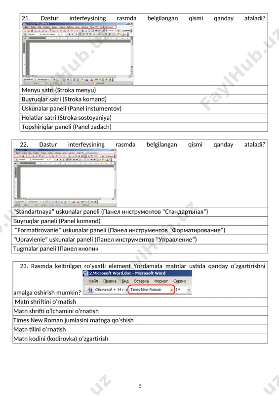 variantni ko‘rsating: «fayl\ сохранить» «fayl\отправить» «format\сохранить» «правка\копировать» «правка\вставить» 7. microsoft excel dasturida ish kitobini ochish mumkin bo‘lgan to‘g‘ri variantni ko‘rsating: «fayl\открыть» «fayl\открыть kak» «format\загрузить» «правка\загрузить» «вставить\книга» 8. microsoft excel elektron jadvalida a1:b3 yacheykalar guruhi tanlangan. bu diapazonga nechta yacheyka kiradi? 6 2 8 9 12 9. microsoft excel dasturi ish kitobiga yangi sahifani (list) qanday qo‘shish mumkin? sahifa nomiga sichqoncha chap tugmasini bosing va paydo bo‘lgan menyudan “добовить” amalini tanlang sahifa nomiga sichqoncha o‘ng tugmasini bosing va paydo bo‘lgan menyudan “вставить” amalini tanlang sahifa nomiga sichqoncha chap tugmasini ikki marta bosing va sahifa nomini kiriting sahifa nomini tanlang va “правка\вставить” menyu amalini bajaring sahifa nomini tanlang va klaviaturadan insert tugmasini bosing 10. microsoft excel dasturi ish kitobidagi sahifani (list) qanday o‘chirish mumkin? sahifa yorlig‘iga sichqoncha o‘ng tugmasini bosib va kontekst menyusidan “удалить” amalini tanlash bilan sahifa nomiga sichqoncha tugmasini bosish orqali uni belgilab va delete tugmasini bosish bilan sahifa nomiga …