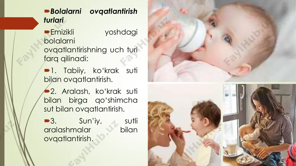 osti yog‘ klechatkasi yuzda saqlagan, lekin qorinda va qo‘l-oyoqlarda kamaygan yoki yo‘q. vaznining oshib borishi notekis, qo‘l-oyoqlari doimo sovuq, taxipnoz, dag‘al nafas. ko‘pincha qabziyat kuzatiladi. ovqatlanish yetarli bo‘lmagan iii darajasida namoyon bo‘ladi. tana uzunligi yoshiga nisbatan 7-10 sm kam. umumiy axvolidan o‘zgarishlar sezilarli; uyquchan, atrofdagilarga qo‘shilmaydi, qo‘zg‘aluvchan, yig‘loqi, rivojlanishi keskin ortda qolgan. to‘liq anoreksiya bola tashqi ko‘rinishidan skeletni eslatadi. aralash ovqatlantirish, sabablari va qoidalari.  aralash ovqatlantirish deb, qandaydir sabablarga ko‘ra bola onasidan o‘ziga tegishli sutni ololmasligidan, o‘rnini boshqa sun’iy sut mahsuloti yoki sut aralashmalari bilan to‘ldirilgan holda ovqatlantirishga aytiladi. bunda ona suti umumiy ovqat hajmining 3/5 qismini tashkil qiladi.  aralash ovqatlantirishga bola hayotining birinchi kunlaridanoq yoki keyinchalik ma’lum sabablarga ko‘ra o‘tilishi mumkin. aralash ovqatlantirishga o‘tish sabablari uchta asosiy guruhga birlashtiriladi:  onaga aloqador sabablar - birlamchi va ikkilamchi gipogalaktiya (sut ishlab chiqarilishining kamayishi), ona sutining sifatiy kamchiliklari, onadagi biror kasallikning qo‘zib qolishidan bolani ona ko‘kragiga tutishni kamaytirish zarurati …