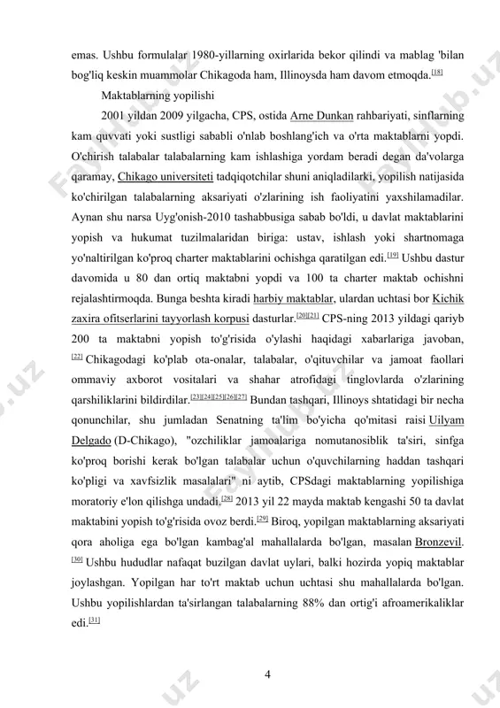 ot vositalari va shahar atrofidagi tinglovlarda o'zlarining qarshiliklarini bildirdilar.[23][24][25][26][27] bundan tashqari, illinoys shtatidagi bir necha qonunchilar, shu jumladan senatning ta'lim bo'yicha qo'mitasi raisi uilyam delgado (d-chikago), "ozchiliklar jamoalariga nomutanosiblik ta'siri, sinfga ko'proq borishi kerak bo'lgan talabalar uchun o'quvchilarning haddan tashqari ko'pligi va xavfsizlik masalalari" ni aytib, cpsdagi maktablarning yopilishiga moratoriy e'lon qilishga undadi.[28] 2013 yil 22 mayda maktab kengashi 50 ta davlat maktabini yopish to'g'risida ovoz berdi.[29] biroq, yopilgan maktablarning aksariyati qora aholiga ega bo'lgan kambag'al mahallalarda bo'lgan, masalan bronzevil.[30] ushbu hududlar nafaqat buzilgan davlat uylari, balki hozirda yopiq maktablar joylashgan. yopilgan har to'rt maktab uchun uchtasi shu mahallalarda bo'lgan. ushbu yopilishlardan ta'sirlangan talabalarning 88% dan ortig'i afroamerikaliklar edi.[31] 2017 yilgi tahlilda mahalliy hukumat axborot xizmatlari cps tomonidan e'lon qilingan maktab o'quvchilarining ma'lumotlarini tahlil qildi va cps asosan bo'sh bo'lgan 100 dan ortiq maktablarni yopish orqali yiliga deyarli 200 million dollar tejashga qodirligini aniqladi. cps faoliyat ko'rsatayotgan 566 ta binolardan …
