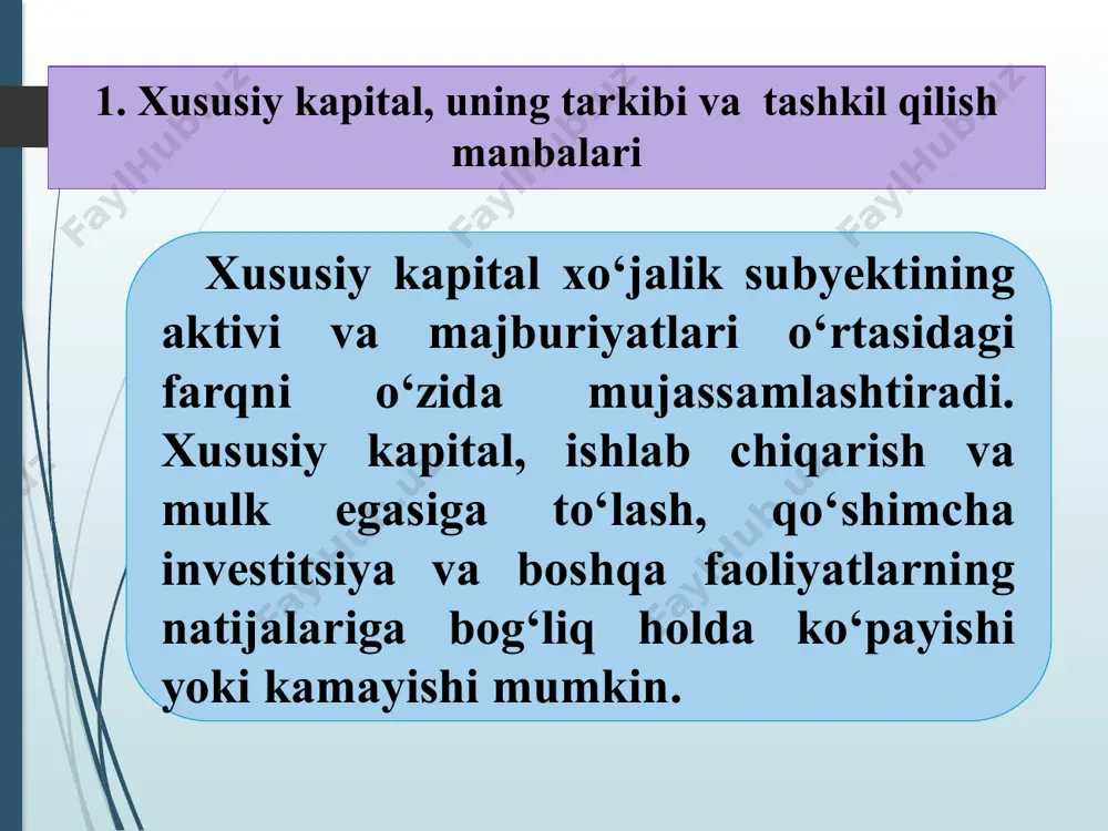 bo‘yicha taʼsischilarning qarzlari kt 8310-oddiy aksiyalar d-t 5110- 200,0 mln so‘m k-t 4610- 200,0 mln so‘m № xo‘jalik muomalalarining mazmuni hisobvaraqlar korrespondensiyasi debit kredit 1. ustav kapitaliga ulushlari bo‘yicha taʼsischilar qarzlarining tashkil etilishi 4610 8310, 8320, 8330 2. taʼsischilar qarzlarining asosiy vositalar tarzida to‘lanishi 0110-0190 4610 3. taʼsischilar qarzlarining nomoddiy aktivlar tarzida to‘lanishi 0410-0490 4610 4. taʼsischilar qarzlarining pul mablag‘larini berish yo‘li bilan to‘lanishi 5010, 5110, 5210 4610 5. taʼsischilar qarzlarining boshqa aktivlar tarzida to‘lanishi 1010-1090, 2910 4610 4610-«ustav kapitaliga badallar bo‘yicha taʼsischilarning qarzlari» hisobvarag‘i bo‘yicha hisobvaraqlar korrespondensiyasi bu taʼsis hujjatlariga muvofiq korxonalar tomonidan foyda hisobidan umumiy balans zararlarini qoplash, so‘ndirish (qaytarish)ning boshqa imkoni bo‘lmaganda qarzlarni hisobdan chiqarish uchun boshqa maqsadlarda tashkil etiladigan rezerv. rezerv kapital- 4. rezerv kapitalini hisobga olish va ishlatish . u shuningdek pul mablag‘laridan tashqari aktivlarni qayta baholash chog‘ida hosil bo‘ladigan inflyatsiya rezervlari va tekinga olingan mol mulk qiymatini ham o‘z ichiga oladi. rezerv kapitali hisobi …