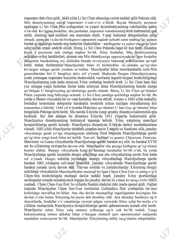 larga zarba berishga qodir emasligini ko‘rsatdi. bu esa xalq ommasining boshiga yangi kulfatlar keltirar va ularning hayotinin chidab bo‘lmaydigan darajada juda tang qilib qo‘ygan edi. ommaning mavjud rejimdan noroziligi kuchaya borib, oqibat natijada dehqonlarning juda katta urushiga aylandi va bu urush min sulolasini halokatga olib keldi. xvii asrning 3o- 4o yillarida xitoydagi dehqonlar urushi. dehqonlar harakatining boshlanishiga 1628 yildagi ochlik turtki bo‘ldi. shin'si bilan shansi viloyatlarida bu ochlik ayniqsa kuchli bo‘ldi. bu viloyatlarda boshlangan harakat 1632 yilda markaziy xitoyning boshqa viloyatlariga tarqaldi. qo‘zg‘olon xuanxe bilan yanszi daryolari oralig‘idagi hamma yerlarga yoyilgan edi. xenan, xubey, anxoy, shan'dun, seguan viloyatlarida bu qo‘zg‘olon ayniqsa kuchli bo‘ldi. dehqonlarning qurolli otryadlarida bir necha o‘n minglab qo‘zg‘olonchi bor edi. lekin qo‘zg‘olon tarqoq bo‘lganligidan hech qanday natija bermadi. 3o-yillarning ikkinchi yarmida qo‘zg‘olon bir qadar pasayib ham ketdi. qo‘zg‘olonchi otryadlardan bir qismini hukumat qo‘shinlari tor-mor keltirdi. hukumat qo‘shinlari man'chjuriyaning shimolidagi urushda band ekanida dehqonlar qo‘zg‘olonining yangi to‘lqini 1641 …