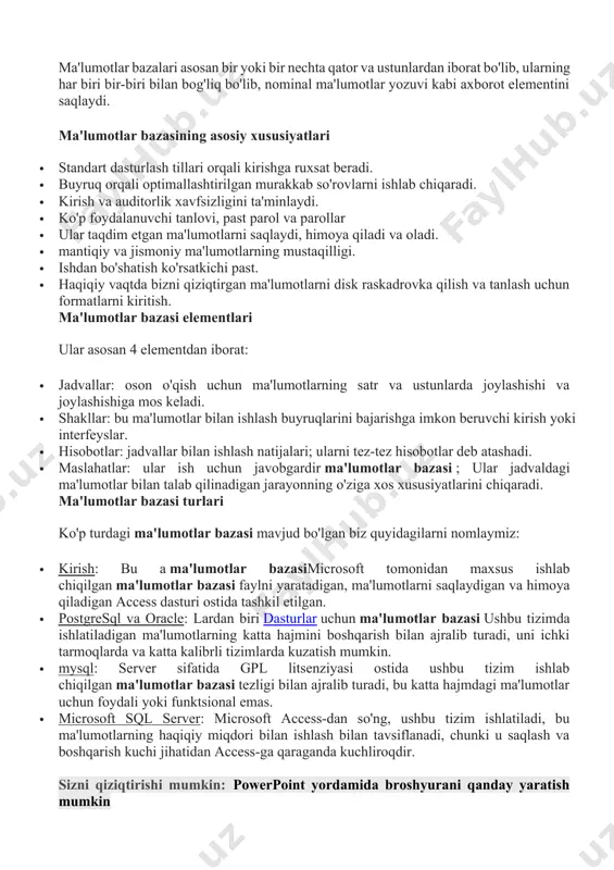 nomeri bo‘yicha amalga oshiriladi. har bir mb jadvali o‘zining birlamchi kalitiga ega bo‘lishi mumkin. birlamchi kalit deganda ezuvlar kaytarilmasligini ta’minlovchi maydon (polya) yoki maydonlar guruxi tushiniladi. birlamchi kalit sifatida ishlatiladigan maydon eki maydonlar guruxi, bir xil yozuvga ega bo‘lmaslik shartini bajarishi kerak. boshqa maydonlarida bir xil yozuvlar takrorlanishi mumkin. shu sabab ular birlamchi kalit bo‘laolmaydi. birlamchi kalit qisqa va sonli maydonlardan tashkil topishi maqsadga muvofiqdir. mb jadvaliga birlamchi kalitni kiritishdan maqsad, jadvaldagi ma’lumotlarni izlash, tartiblashtirish va tanlab olishda qulaylikni beradi. birlamchi kalit kiritish yoki kiritmaslik foydalanuvchi tamonidan mb jadvali strukturasini tashkil qilishda aniqlanadi. bosh jadval yordamida qaram jadvaldagi mos ma’lumotlarni chaqirishni ta’minlash uchun qaram jadvalda tashqi kalit tashkil qilinadi. “bitta-ko‘pga” bog‘lanish holatida tashqi kalit bosh jadvalda tashkil qilinadi. birinchi va ikkinchi kalitlarni aniqlashda mbbt avtomatik ravishda jadvalda indekslarni quradi. ma'lumotlar bazasining xususiyatlari una ma'lumotlar bazasi, bor hujjatlar to'plami, raqamlar, ismlar sifatida aniqlanadi xarakterli har qanday turdagi yoki belgi bo'yicha yozuvlar …