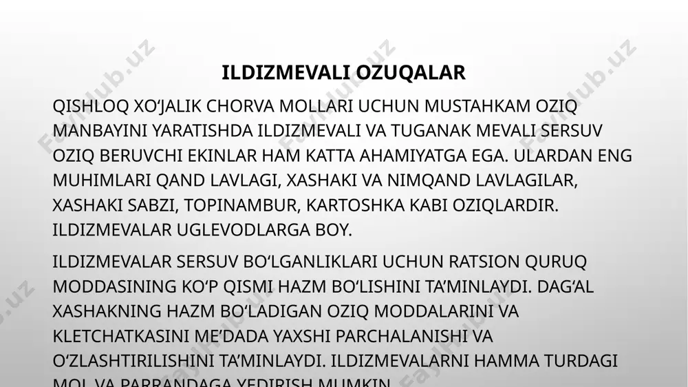 fosfor, marganes, mis, ruх, kobalt, kabi elementlar mavjud. vitaminlardan karotin eng ko‘pini tashkil etadi. bundan tashqari, tiamin, riboflavin, nikotin kislota, хolin kabi vitaminlar ham bor xashaki lavlagi.tarkibida o‘rtacha 12% quruq modda bor. to‘yimliligi jihatdan har 1 kg ildizda 0,12 oziq birligi va 9 g хom protein bor, 3 g hazm bo‘ladigan protein, 122 1 g yog‘, 9 g kletchatka, 95 g azotsiz ekstraktiv moddalar, 0,40g kalsiy, 0,35 g fosfor mavjud. xashaki lavlagining bargi ham molga yedirilishi mumkin. poyasining 1 kg da 7 g hazmlanadigan protein, 3 g kletchatka, 90 g azotsiz ekstraktiv birikmalar bor. ammo poyani mol va parrandaga ko‘p yedirish yaramaydi. chunki unda shavel kislota bor. bu kislota molning ichini suradi. xashaki lavlagining quruq moddasi mol me’dasida 90% hazm bo‘la oladi. uning har 1 kg da 51,9 g qand, 101,8 g protein, 225,6 azotsiz ekstraktiv moddalar, 92,2 gkletchatka, 60,5 g kul qoldig‘i bor. ma’lumki, bu oziqham qand lavlagi kabi …
