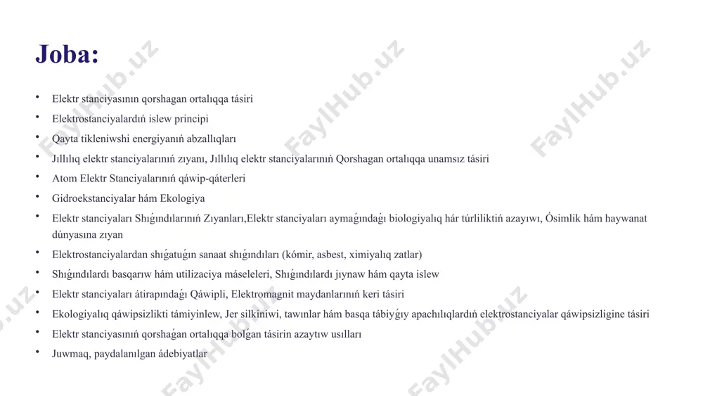 dalanılgan ádebiyatlar 2 elektrostanciyalar túrleri íssılıq elektr stanciyaları jillılıq elektr stanciyaları janılģını jaģıp, puw payda etip, turbinardı aylandırıw arqalı elektr energiyasın islep shigaradı. olar kómir, gaz hám neft sıyaqlı janılǵılardan paydalanıwı múmkin. atom elektr stanciyaları atom elektr stanciyaları atom yadroların bóliw arqalı energiya islep shigaradı. olar basqa túrlerge qaraganda az shıǵındı payda etedi, biraq qáwipli aqıbetlerge alıp keliwi múmkin. gidroekstanciyalar gidroekstanciyalar suwdiń potenciallıq energiyasın kinetikalıq energiyaga aylandırıw arqalı elektr energiyasın payda etedi. olar suw saqlaǵıshlar hám dambalardı talap etedi. qayta tikleniwshi energiya derekleri quyash, samal, suw, geotermal hám biomassa energiyası sıyaqlı qayta tikleniwshi energiya dárekleri qorshaǵan ortalıqqa az zıyanlı bolıp, uzaq múddette paydalanıw múmkin. 3 elektrostanciyalardıń islew principi elektr stanciyaları elektr energiyasın islep shigarıw ushin hár túrli usıllardı qollanadı. hárbir túr ózine tán qásiyetlerge iye hám qorshagan ortalıqqa hár túrli tásir etedi. jillılıq elektr stanciyaları janılģı (kómir, gaz yaki neft) jaģılıp, payda bolgan jıllılıq penen suwdı puwģa aylandıradı. bul puw …