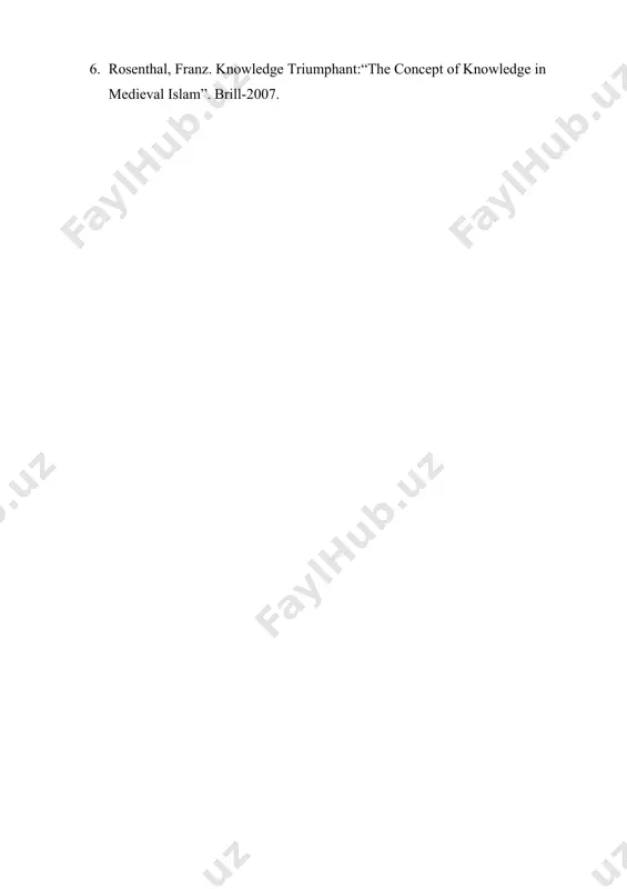 urbonova “abu nasr farobiyning “fozil odamlar shahri” asarida ta’lim-tarbiya masalalari”. buxdu ilmiy axboroti 2018/2(70). 258-b. 3. x.k.xudayberdiyeva “abu nasr forobiyning ta’lim-tarbiyaga oid pedagogik qarashlari”. international scientific and practical conference. https://tipi.uz/ 4. o‘.o‘ktamova “abu nasr forobiy qarashlarida tarbiya masalasi”. международный научный журнал. 1055-1057-b. 5. m.m.xayrullayev “forobiy va uning falsafiy risolalari”. т-1963. 277-b. 6. rosenthal, franz. knowledge triumphant:“the concept of knowledge in medieval islam”. brill-2007.