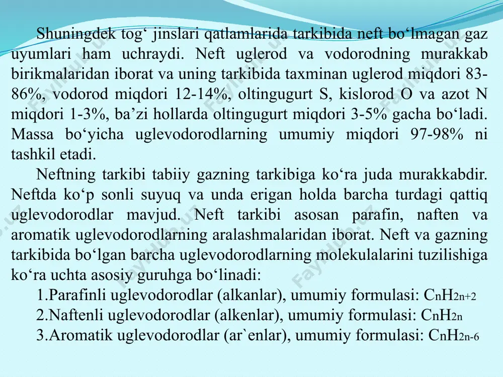 bog‘liq. shuningdek, ch2 guruhining yetarlicha sonida radikallarning o‘zlari ham normal yoki izomer ko‘rinishida bo‘lishi mumkin. agar naftenli uglevodorod yon zanjirga ega bo‘lsa, vodorod va uglerod atomlarining o‘zaro nisbatlari cnh2n umumiy formula ko`rinishidan o‘zgaradi. yon zanjirda parafinli uglevodorodlar bo‘lganda vodorod atomlari soni uglerod atomlari soniga nisbatan 2 martadan salgina ko‘proq bo‘ladi. neft tarkibida ba’zi hollarda ikki yoki undan ortiq siklik guruhdagi murakkab naftenli uglevodorodlar bir biri bilan to‘g‘ridan to‘g‘ri bog‘langan holda uchraydi. neft tarkibining ko‘p miqdorini aromatik uglevodorodlar tashkil etadi. parafin va naften uglevodorodlar aromatik uglevodorodlarga nisbatan oz miqdorda (5-20%) uchraydi. aromatik uglevodorodlar yoki arenlar (cnhn) tarkibida vodorod juda kam. uning molekulasi uglerod bilan to‘yinmagan bog‘lanishli halqa ko‘rinishiga ega. shuning uchun ular to‘yinmagan yoki cheklanmagan uglevodorodlar deyiladi. ular kimyoviy jihatdan beqaror hisoblanadi. aromatik uglevodorodlarning asosiy vakili oltita ch guruhidan iborat bo‘lgan benzol c6h6 hisoblanadi. benzol xalqasidagi uglerod atomlari bir biri bilan o‘zaro qo‘shbog‘ va oddiy bog‘lar hosil qiladi. agar biror ch …