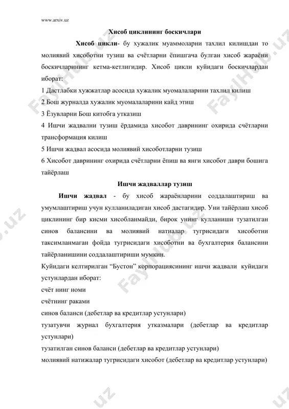 утказмалари бош китобга шунингдек ишчи жадвалнинг дебет ва кредит тузатувчи устунларига олиб борилади. дебет ва кредит барча журнал бухгалтерия утказмалари баланслашишини текшириш учун жамланади. барча тузатишлар олиб борилган (разноска) кейин тузатилган синов балансини тайёрлашга утиш мумкин. тузатилган синов баланси тузатишлар устунидаги суммалар синов баланси устунларидаги колдиклар билан бирлаштирилган ва тузатилган синов балансига утказилган. масалан, олдиндан туланган харажатлардаги 50 сумга килинган тузатиш синов балансидаги 200 сумлик колдикни тузатилган синов балансидаги 250 сумлик колдиккача купайтиради. тузатилган синов балансининг устунлари баланслашиши лозим. молиявий натижалар тугрисидаги хисобот даромадлар ва харажатлар суммалари ишчи жадвалдаги молиявий натижалар тугрисидаги хисоботнинг дебет ва кредит устунлари булимсларига утказилади. дебет буйича сумма кредит буйича суммага тенг эмас, чунки даромадлар харажатларга тенг эмас. реализация (6000 сум) ва умумий харажатлар (5133 сум) уртасидаги фарк (867 сум) бу соликлар тулангунча булган сумма. соликлар тулагунча булган соф фойда харажатларга кушилганда дивиденд ва кредит устунларидаги умумий суммага тенг булади. молиявий натижалар тугрсидаги хисоботни тайёрлашдаги кейинги …