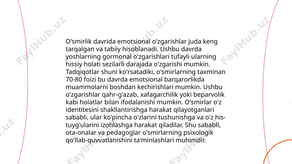 bo'lish. o'smirlar orasida mas'uliyatli qaror qabul qilish va muammoni hal qilish qobiliyatlarini rivojlantirish muhim ahamiyatga ega, bu esa kelajakda ularning muvaffaqiyatli yetakchi va foydali fuqarolar bo'lishiga yordam beradi. ... t.me/slaydai_bot o'smirlik davrida xavfli hatti-harakatlar ko'pincha 12-18 yosh orasida kuzatiladi. statistikaga ko'ra, bu yosh guruhida spirtli ichimlik iste'moli va chekish xavfi 30% dan oshadi. jahon sog'liqni saqlash tashkiloti ma'lumotlariga ko'ra, har yili 1,3 million o'smir avtohalokatlar va suiqasd tufayli hayotdan ko'z yumadi. shu yosh davrida jinoyatga qo'l urish hollari ham ko'payadi, bu esa jamiyatda qo'rquv va xavotir uyg'otadi. tadqiqotlar shuni ko'rsatadiki, ijtimoiy qo'llab-quvvatlash va ta'lim xavfli hatti-harakatlarni kamaytirishga yordam beradi. o'smirlar o'rtasida ruhiy kasalliklar tezligi 20-25% atrofida, bu xavfli hatti-harakatlar ehtimolini oshirishi mumkin. o’smirlik davrining psixologik xususiyatlari. talaba: azimova nazokat e'tiboringiz uchun raxmat! image1.png image2.png image3.png image4.jfif image5.png image6.jfif image7.jfif image8.jpg /docprops/thumbnail.jpeg