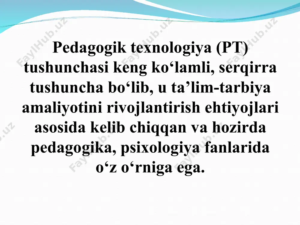 bo‘lib, «texne» – mahorat, san’at hamda «logos» – ta’limot so‘zlaridan tashkil topgan. pedagogik texnologiya – bu bilim berish va uni egallashda texnika va inson resurslarini o‘zaro uzviy bog‘liq holda ko‘rib, butun ta’lim jarayonini loyihalashda va amalda qo‘llashda majmuali yondashuv usulidan foydalanishdir (yunesko). * баҳолаш мониторинг taълим олувчи taълим воситалари taълим методлари taълим шакллари taълим олувчи таълим мазмуни таълим натижалари таълим мақсадлари таълим жараёни * * педагогик технологияларнинг турлари pedagogik texnologiyalarni mazmuni quyidagi yo‘nalishlarni chuqurlashtirishga qaratilgan: a. insonparvarlashtirish va demokratlashtirish. b. individuallashtirish c. rivojlantirish d. faollikni oshirish (bajarib o‘rganish). pedagogik texnologiyaning tadqiq qilish doirasi quyidagi qismlardan tashkil topgan: - konseptual asos; - ta’lim jarayoni; - mazmuni va texnologik jarayon. * инсерт жадвали “инсерт” жадвали мустақил ўқиш вақтида олган маълумотларни, эшитган маърузаларни тизимлаштиришни таъминлайди; олинган маълумотни тасдиқлаш, аниқлаш, четга чиқиш, кузатиш. аввал ўзлаштирган маълумотларни боғлаш қобилиятини шакллантиришга ёрдам беради. ўқув фаолиятини ташкиллаштиришнинг жараёнли тузилмаси график ташкил этувчининг тури, аҳамияти ва хусусиятлари инсерт …