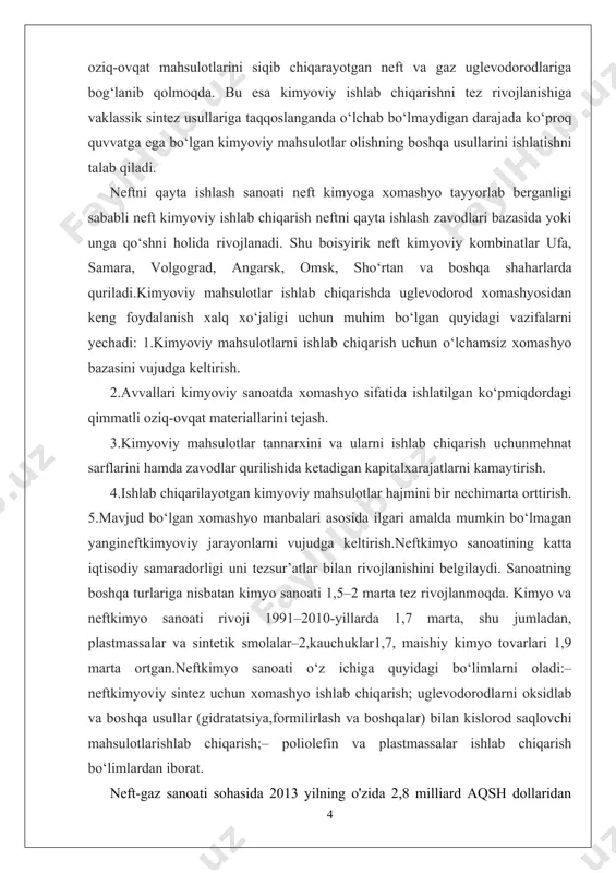2. oltingugurtli neft, oltingugurt miqdori 0,5-2,0 % (mass.). 3. yuqori oltingugurtli neft, oltingugurt miqdori 2 % (mass.) dan ortiq. amerika neft instituti taklifiga ko`ra neftlar oltingugurt miqdori bo`yicha [neftga nisbatan % (mass.)] 4 guruhga ajratilgan: 1. oltingugurtsiz neft, oltingugurt miqdori (s) 0,2% (mass.). 2. kam oltingugurtli neft, s miqdori 0,2-1 % (mass.). 3. oltingugurtli neft, s miqdori 1-3 % (mass.). 4. yuqori oltingugurtli neft, s miqdori 3 % (mass.)dan ortiq. neft haydalganda hosil bo`ladigan kerosin va moy fraksiyalari tarkibida yuqori molekulyar oltingugurtli birikmalar bo`ladi. ular asosan polisiklik tuzilishga egadir. neftdan individual yuqori molekulyar oltingugurtli birikmalarni ajratib olish o`ta qiyin vazifadir. eng ehtimoli ko`p yuqori molekulyar oltingugurtli birikmalar tiplari quyidagilardan iborat bo`lib, ularning asosiy tuzilish elementlari: benztiofen (1), benztiofan (2), tionaften (3), dibenztiofen (4), naftotiofen (5), kondensirlanmagan sistemalar va unga o`xshashlar (6,7). neft tarkibida tiofan yoki siklik sulfidlar (polimetilensulfidlar) topilgan bo`lib, to`yingan 5 yoki 6 a'zoli oltingugurt atomli geterosikllardir. shu bilan …