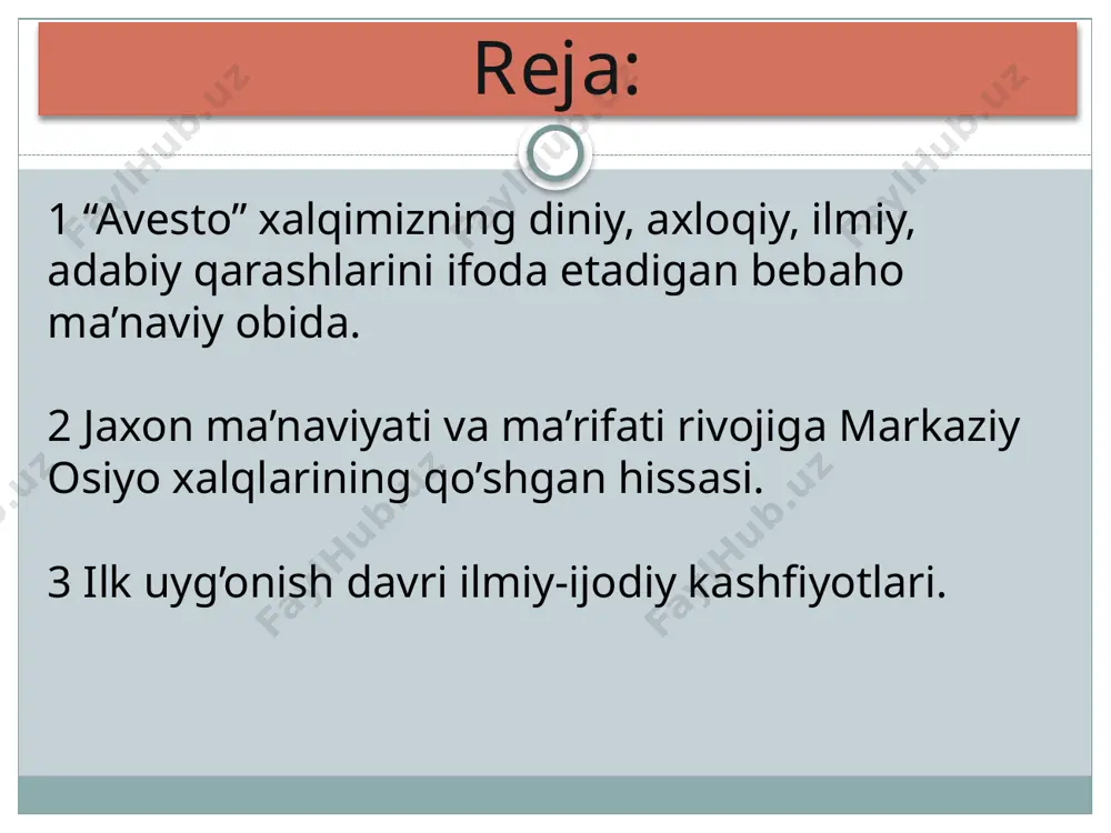 dakizm “moniylik” ta’limotini to’ldirib, uning zohidlik-noumidlik g’oyalarini dunyoga umid bilan qarash g’oyalariga almashtiradi. mazdak eronning nishopur shahrida tug’ilgan. mazdak feodal mol-mulkini umumiylashtirishni, feodal hukmronlikni yo’qotishni talab etadi. dexqonlar qo’zg’oloniga yo’lboshchilik qilganligi uchun 529- yilda anushurvon tomonidan qatl etilgan. ibn sino buyuk hakim, olim va faylasuf ibn sino buxoro shahri yaqinidagi afshona qishlog’ida tug’ildi. 19 yoshga to’lganida u iste’dodli hakim va faylasuf sifatida tanilgandi. ko’p o’tmay sharqda uni “shayx ar-rais” ya’ni “donishmandlar yetakchisi” deb atay boshladilar. uning “tib qonunlari” kitobi jaxon tibbiyotida haligacha dastur amal bo’lib xizmat qilmoqda.  forobiy buyuk qomusiy olim forobiy 870 yilda forob qishlog’ida tug’ildi. dunyo ahli uni arastudan keyin “ikkinchi muallim” deb ataydi. forobiy 70dan ortiq tilni bilgan. 160dan ortiq asar yozgan. asarlari: “she’r san’ati haqida”, “fozillar shahri aholisining fikrlari”, “baxt-saodatga erishuv haqida risola” va boshqalar. e’tiboringiz uchun raxmat image14.jpeg image10.png image15.jpeg image16.jpeg image17.jpeg image18.jpeg image20.png image9.png image13.jpeg /docprops/thumbnail.jpeg