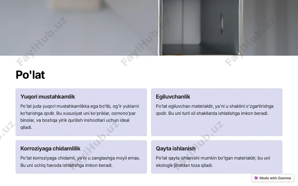 chidamli va izolyatsion xususiyatlarga ega. https://gamma.app/?utm_source=made-with-gamma yog'och 1 tabiiylik yog'och tabiiy, qayta tiklanadigan va ekologik jihatdan toza materialdir. uning ishlatishdan keyin qayta ishlanishi mumkin. 2 issiqlik izolyatsiyasi yog'och issiqlikni yaxshi ushlab turadi, bu uni turar joy binolari uchun ideal qiladi. 3 estetik xususiyatlar yog'ochning tabiiy go'zalligi va turli xil shakllari uni ichki va tashqi dizaynda juda mashhur qiladi. 4 mustahkamlik yog'och o'zining mustahkamligi bilan tanilgan, bu uni turli xil qurilish inshootlarida ishlatishga imkon beradi. https://gamma.app/?utm_source=made-with-gamma shisha 1 ishlab chiqarish shisha qum, soda, ohaktosh va boshqa materiallardan ishlab chiqariladi. 2 shakllantirish eritilgan shisha shaklga solinib, sovitiladi va qattiqlashadi. 3 qo'llanilishi shisha derazalar, eshiklar, oynalar, va boshqa turli xil maqsadlarda ishlatiladi. https://gamma.app/?utm_source=made-with-gamma plastik xususiyati tavsifi engil plastik juda engil materialdir, uni tashish va o'rnatishni osonlashtiradi. chidamlilik plastik turli xil kimyoviy moddalarga chidamli, bu uni korroziya va aşınma uchun yaxshi tanlov qiladi. shaklga ega bo'lish plastik turli xil shakllarda bo'lishi mumkin, bu uni …