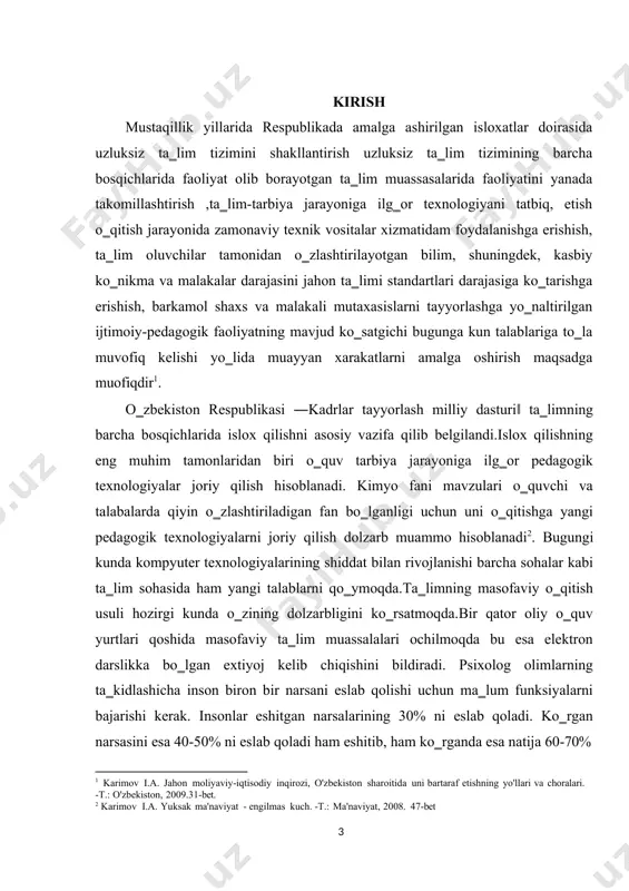 di. tana tizimlarida juda ko‗p rol o‗ynaydigan rux moddasi uzoq vaqt davomida tanada saqlanishi mumkin emas. shuning uchun uni har xil oziq-ovqat yoki qo‗shimchalar bilan qabul qilish kerak4. shunday noyob element haqida ko‗plab olimlar izlanish olib borishgan, lekin bilimlarni yanada mustahkamlash va ilmiy faoliyat bo‗yicha malakaga ega bo‗lish maqsadida rux kichik guruhi elementlarining qisqacha bayoniga qo‗l urildi. mavzuning o‘rganilganllik darajasi. ushbu mavzuni ishlab chiqishda .i.r.asqarov, n.x.to‗хtaboyev, k.g‗.g‗opirov, i.s.gabrielyan, f.n.maskayev, s.yu.popomarev, v.i.geryanin kabi mualliflarning asarlaridan foydalanilgan. kurs ishning maqsadi ii b guruh ruh kichik guruhi elementlari:rux, kadmiy va simobelementlarini o‗rganishdan iborat bo‗lib, maqsaddan kelib chiqib, quyidagi vazifalar belgilandi: - ii b guruh elementlarining umumiy xususiyatlarini tavsiflash; 3 karimov i.a. asosiy vazifamiz - vatanimiz taraqiyoti va xalqimiz farovonligini yanada yuksaltirishdir. - toshkent: «o'zbekiston», 2010. 4 https://www.trt.net.tr/uzbek/xalq-tabobati/2023/08/22/01234567890-2027649 · rux kichik guruhining kimyoviy elementlarining ochilish tarixini aniqlash; · rux birikmalari va ularning xossalarini tahlil qilish. kurs ishining obyekti anorganik kimyo elementlar davriy sistemasi. kurs …