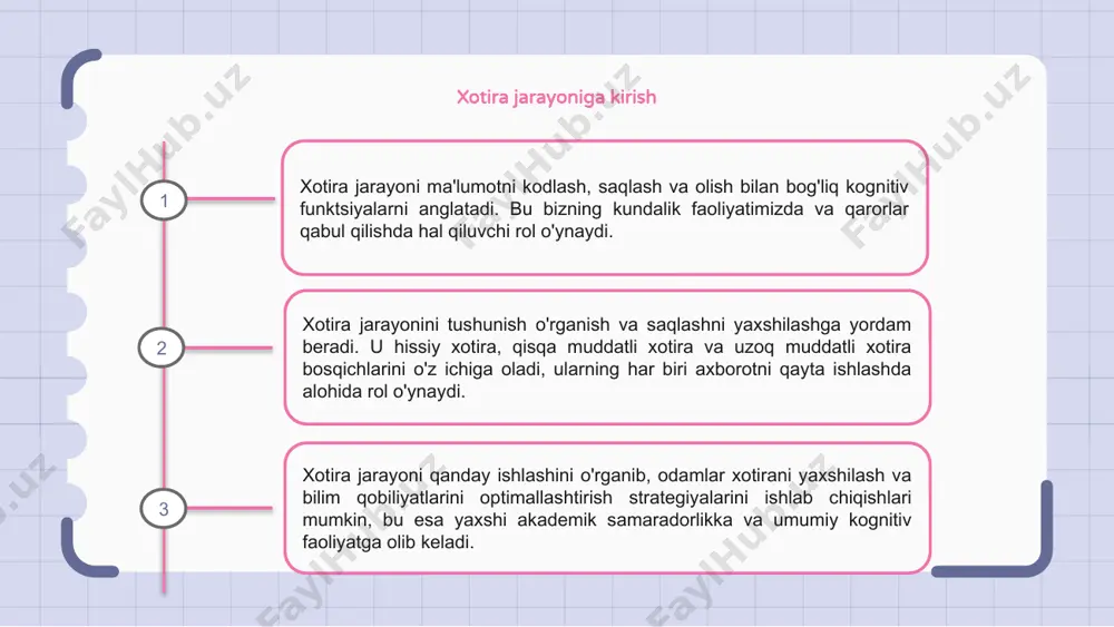 irani qayta tiklash jarayonida miya turli bo'laklardan xotirani qayta qurish orqali tegishli ma'lumotlarni qidiradi. bu jarayon qisqa muddatli va uzoq muddatli saqlashdan xotiralarni olishni o'z ichiga oladi. hissiyotlar, kontekst va tanishlik kabi omillar xotirani qayta tiklashga ta'sir qilishi mumkin. xotirani qayta tiklash qanday ishlashini tushunish xotirani eslab qolishni yaxshilashga yordam beradi va o'rganish va kognitiv qobiliyatlarni oshiradi. 1 2 3 ishlaydigan xotira ishchi xotira - bu ma'lumotni faol manipulyatsiya qilishda vaqtincha saqlash uchun mas'ul bo'lgan kognitiv tizim. bu fikrlash, tushunish va qaror qabul qilishda yordam beradi. bu jarayon muammolarni hal qilish va qaror qabul qilish kabi vazifalar uchun zarur bo'lgan ma'lumotlarni qisqacha saqlash va manipulyatsiya qilishni o'z ichiga oladi. bu kundalik kognitiv faoliyat uchun juda muhimdir. ishchi xotira cheklangan sig'im va muddatga ega, bu ortiqcha yuklanishning oldini olish va kognitiv faoliyatni yaxshilash uchun ma'lumotni ustuvorlik va samarali tartibga solishni talab qiladi. uzoq muddatli xotira uzoq muddatli xotira uzoq vaqt davomida …