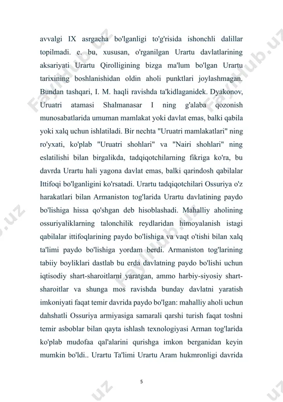 rdan birida yozuvning tarjimasi: lutipri o'g'li sarduri, buyuk podshoh, qudratli podshoh, koinot shohi, nairi mamlakati shohi, o'zi teng bo'lmagan podshoh, munosib ajablanib cho'pon, janglardan qo'rqmaslik, unga bo'ysunmagan podshoh. lutiprining o'g'li sarduri, shohlar shohi barcha shohlardan ariza qabul qildi. lutiprining o'g'li sarduri shunday deydi:"men bu ohaktoshni alnionu shahridan olib keldim, men bu devorni qurdim". sarduri i davrida ossuriya reydlari endi urartu poytaxtiga etib bora olmadi, faqat mamlakatning janubiy chekkalarini bezovta qildi. to'g'ridan-to'g'ri to'qnashuvda urartiya armiyasi ossuriyadan yutqazgan bo'lsa-da, urartlar tomonidan qurilgan qal'alar endi ossuriya armiyasining ichki qismiga kirib borishiga imkon bermadi. bundan tashqari, ossuriyaliklar arman tog'larining qattiq qish iqlimi vazifasini qiyinlashtirdilar, ular barcha hujumkor kompaniyalarni faqat yozda o'tkazishlari mumkin edi va endi ular bilan og'ir qamal qurollarini olib yurishga majbur bo'lishdi. bunday sharoitda ossuriya armiyasining kuchi faqat kichik yutuqlar uchun etarli edi. ossuriyaning mintaqadagi qudrati tugay boshladi, yaqin sharqda yangi kuch — birlashgan urartu gullab-yashnadi. urartuning gullab-yashnashi (miloddan avvalgi ix asr …