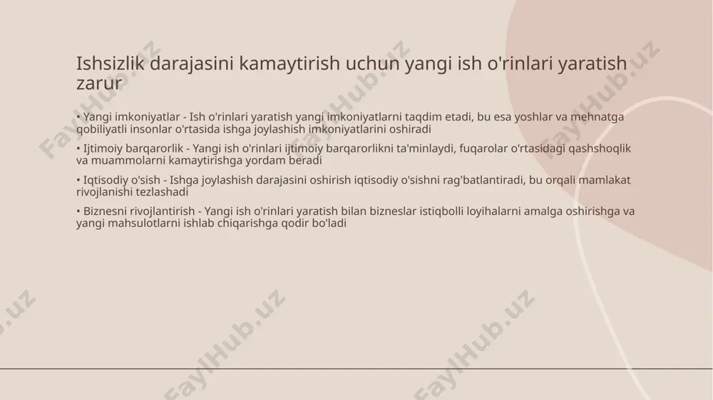 lifini muvozanatlashishi kerak • ishchi kuchining ahamiyati - ishchi kuchi iqtisodiyotning muhim komponentidir va uning sifatli va to'g'ri taqsimlanishi iqtisodiy rivojlanishga ta'sir ko'rsatadi • talab va taklifning muvozanati - iqtisodiy siyosat ishchi kuchining talab va taklifini muvozanatlashishi kerak bu jarayon jamiyatda ish bilan ta'minlashni oshiradi • o'quv va kasbiy tayyorgarlik - iqtisodiy siyosat doirasida ta'lim va kasbiy tayyorgarlik ishchilarni zamonaviy talablar asosida tayyorlashga yo'naltirilishi zarur • innovatsiyalarga e'tibor - iqtisodiy siyosat innovatsion strategiyalarni ishlab chiqishga qaratilgan bo'lishi zarur bu ishchi kuchining samaradorligini oshirib beradi ish o'rinlarining barqarorligini ta'minlash uchun iqtisodiy diversifikatsiya muhim • iqtisodiy xarajatlarni kamaytirish - iqtisodiy diversifikatsiya mahalliy iqtisodning muammolarini yumshatishga yordam beradi. yagona sohagacha bog'liq bo'lish iqtisodiy xarajatlarni oshiradi. • ish o'rinlarining ko'payishi - diversifikatsiya yangi ish o'rinlari yaratadi va ishchilar uchun imkoniyatlarni oshiradi. bu, tajribali va malakali ishchilarni jalb qiladi. ishchilarni himoya qilish uchun mehnat qonunlarini kuchaytirish zarur • mehnat huquqlari - ishchilar uchun mehnat huquqlari …