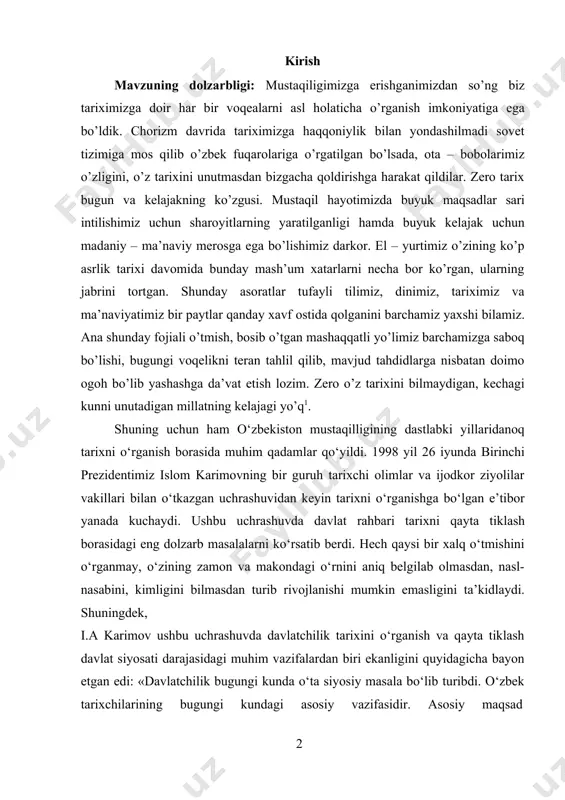 guruh tarixchi olimlar va ijodkor ziyolilar vakillari bilan o‘tkazgan uchrashuvidan keyin tarixni o‘rganishga bo‘lgan e’tibor yanada kuchaydi. ushbu uchrashuvda davlat rahbari tarixni qayta tiklash borasidagi eng dolzarb masalalarni ko‘rsatib berdi. hech qaysi bir xalq o‘tmishini o‘rganmay, o‘zining zamon va makondagi o‘rnini aniq belgilab olmasdan, nasl-nasabini, kimligini bilmasdan turib rivojlanishi mumkin emasligini ta’kidlaydi. shuningdek, i.a karimov ushbu uchrashuvda davlatchilik tarixini o‘rganish va qayta tiklash davlat siyosati darajasidagi muhim vazifalardan biri ekanligini quyidagicha bayon etgan edi: «davlatchilik bugungi kunda o‘ta siyosiy masala bo‘lib turibdi. o‘zbek tarixchilarining bugungi kundagi asosiy vazifasidir. asosiy maqsad 1 karimov i. a. “yuksak ma’naviyat – yengilmas kuch” ma’naviyat nash. t. 2008. b.4. davlatchiligimizning ilmiy nuqtai nazardan asoslangan tarixini yaratishdir». darhaqiqat tarixiy bir davrda ajdodlarimiz qoldirib ketgan tarix manbalarni biz albatta mukammal darajada yoritib kelajakka yetkazib berishimiz lozim. ana shuningdek asarlardan biri bo’lgan “abdullanoma” asari haqida mulohaza yuritar ekanmiz, albatta o’rta asr davlatlarining qay darajada mustahkam va qudratliyligini o’sha …