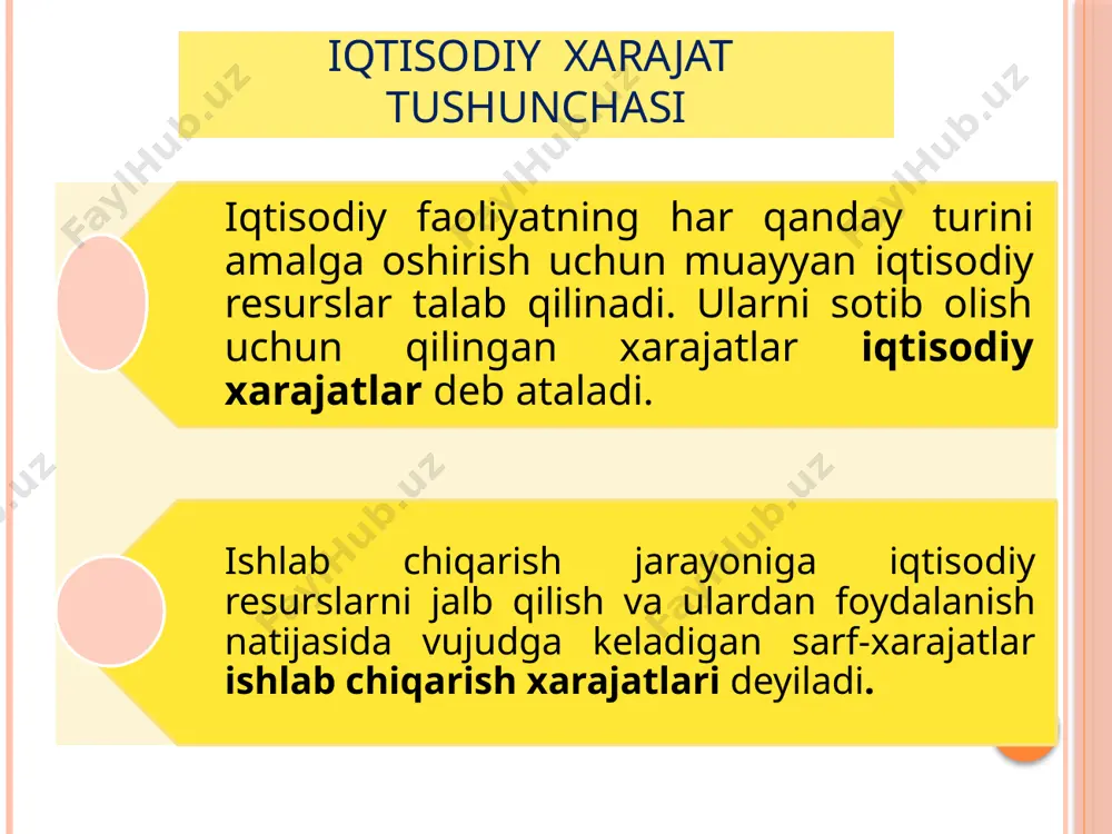 1 misol: umumiy, o’rtacha va me’yoriy harajatlar 22 misol: umumiy, o’rtacha va me’yoriy harajatlar 23 afc avc mc x ac z y o’rtacha va so’nggi qo’shilgan harajatlar ishlab chiqarish hajmi harajatlar 24 24 mehnatning ixtisoslashuvi boshqaruv xodimlarining ixtisoslashuvi kapitaldan samarali foydalanish qo‘shimcha turdagi mahsulotlarning ishlab chiqarilishi ishlab chiqarish miqyosining ijobiy samarasi ishlab chiqarish hajmi o harajatlar lrac miqyosning ijobiy samarasi o’zgarmas harajatlar miqyosning salbiy samarasi uzoq muddatda harajatlarning o’zgarishi 26 26 srac3 o srac4 srac5 5-tsex 4-tsex 3-tsex 2-tsex 1-tsex srac1 srac2 qisqa va uzoq muddat harajatlari egri chiziqlari bog’liqligi ishlab chiqarish hajmi harajatlar 27 27 srac1 srac3 srac2 srac4 srac5 lrac o qisqa va uzoq muddat harajatlari egri chiziqlari bog’liqligi ishlab chiqarish hajmi harajatlar 28 28 lrac o qisqa va uzoq muddat harajatlari egri chiziqlari bog’liqligi ishlab chiqarish hajmi harajatlar 29 29 foydaning mazmuni. foyda normasi va massasi. korxona foydasi korxonaning barcha pul daromadlari va qilingan sarf-xarajatlari o‘rtasidagi farq …