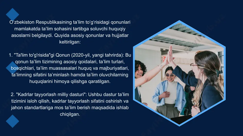 izligini ta’minlash: ta’limning barcha bosqichlari, jumladan, maktabgacha ta’lim, umumiy o‘rta ta’lim, o‘rta maxsus, kasb-hunar ta’limi, oliy ta’lim va uzluksiz ta’lim tizimi orqali insonning har tomonlama rivojlanishini ta’minlash. 3. ta’lim sifatini oshirish: ta’lim muassasalarida o‘quv jarayonlarini sifatli tashkil etish, ta’lim standartlari va talablarini joriy etish orqali ta’lim sifatini nazorat qilish. 4. fuqarolarning ta’lim olish huquqlarini himoya qilish: har bir fuqaroning ta’lim olish huquqini himoya qilish, davlat ta’lim dasturlarida qatnashish imkoniyatlarini ta’minlash va tenglik prinsiplariga rioya qilish. 5. ta’lim mazmunini yangilash va modernizatsiya qilish: o‘quv dasturlari va darsliklarni zamonaviy talablarga mos ravishda yangilash, yangi pedagogik va axborot texnologiyalarini joriy etish. 6.o‘qituvchilarning maqomini oshirish: ta’lim sohasida faoliyat yuritayotgan pedagog xodimlarning ijtimoiy maqomini oshirish, ular uchun qulay sharoitlar yaratish va kasbiy malakalarini rivojlantirish. 7. davlat va nodavlat ta’lim muassasalarining faoliyatini tartibga solish: davlat va xususiy ta’lim muassasalarining faoliyatini tartibga solish, ularning ta’lim sifati bo‘yicha davlat standartlariga mosligini ta’minlash. 8. innovatsion va ilmiy-tadqiqot faoliyatini qo‘llab-quvvatlash: …