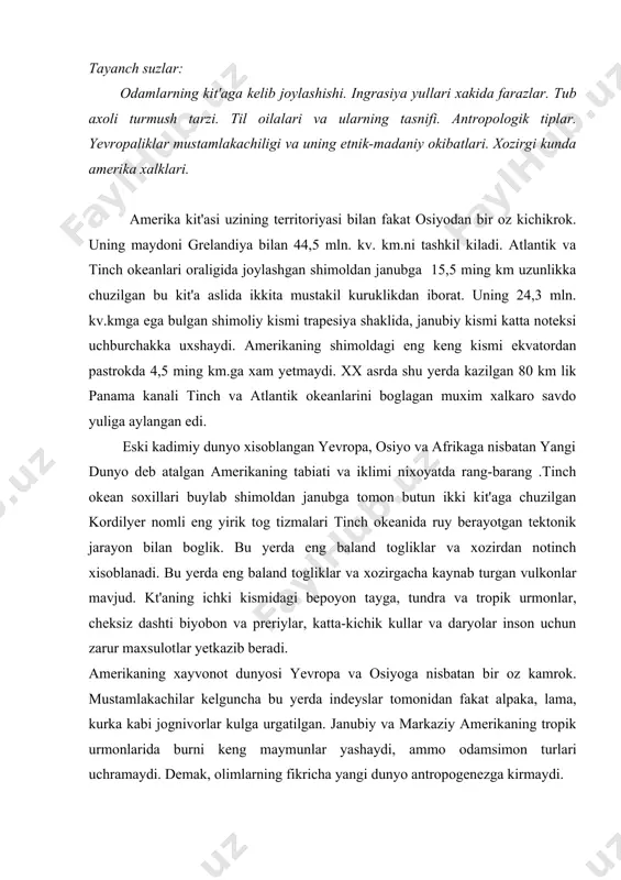 urni keng maymunlar yashaydi, ammo odamsimon turlari uchramaydi. demak, olimlarning fikricha yangi dunyo antropogenezga kirmaydi. usimlik dunyosi ancha boy va rang-barang. kit'aning kup madaniy usimliklari – makkajuxori yoki mais, kartofel, tomat, kakao kabilar uzining sifati va kishiga foydaliligi bilan eski dunyonikidan ustun turadi. amerika ba'zi foydali usimliklarning vatani xam xisoblanadi. uning bagridagi xilma-xil kazilma boyliklar xozirgi ilmiy-texnika tarakkiyotiga juda kul keladi. yangi dunyoning axoli soni 1980 yilda 600 millionga yetdi. shundan 250 millionshga yakini shimoliy amerikada, 350 millioni latin amerikasida yashaydi. yevropaliklar kelish arafasida kit'ada turli ijtimoiy tarakkiyot pogonasida uzaro yakin karindosh bulgan indeys kabila, elat va xalklari yashagan. ularning kupchiligi meksikaning janubiy kismi, markaziy amerika va and toglarida joylashgan bulib, yuksak dexkonchilik madaniyati yaratgan, yukori ijtimoiy-iktisodiy darajada turgan xalklarning juda katta territoriyasida tarkok xolda joylashgan kam sonli mayda kabilalar terimchilik, ovchilik va balikchilik bilan shugullanib ibtidoiy-jamoa tuzumidan kutarilmagan. amerikaning kashf etilishi arafasida uning tub axolisi taxminan 80-90 million kishiga …