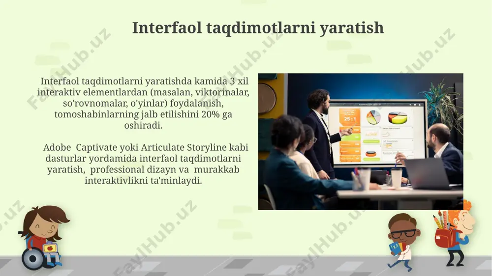 ng kaliti – 70/30 qoidasiga rioya qilish: 70% vaqtni tinglovchilar bilan o'zaro muloqotga, 30% ni esa slaydlardagi asosiy ma'lumotlarni namoyish etishga ajrating. taqdimot davomida kamida 3 ta turli xil ko'rgazmali vositalar (grafiklar, diagrammalar, videolar) dan foydalaning, bu ma'lumotlarni yanada samarali o'zlashtirishga yordam beradi. ma’lumotlarni vizuallashtirish usullari ma’lumotlarni vizuallashtirishda 2d grafiklardan (masalan, chiziqli, ustunli diagrammalar) tashqari, 3d modellashtirish va interaktiv xaritalar kabi murakkab usullar ham qo‘llanilmoqda, bu esa ma’lumotlarni chuqurroq tushunishga yordam beradi. ma’lumotlar vizuallashtirilganda, foydalanuvchining qabul qilish tezligi hisobga olinishi kerak: odamlar 1 soniyada 60 dan ortiq ma’lumot birligini qayta ishlashga qodir emaslar. animatsiya va o'tish effektlaridan foydalanish keynote yoki powerpoint dasturlarida taklif etilayotgan 10 dan ortiq turdagi o'tish effektlari orasidan ma'lumotlarning ketma-ketligini ta'kidlash uchun mosini tanlash kerak. animatsiyalarni matnlar, rasmlar va jadvallarga qo'llashda ularning tezligi va ketma-ketligi (masalan, 0.3s, 0.5s, 0.7s) mulohazali bo'lishi, tomoshabinlarni chalg'itmasligi lozim. e'tiboringiz uchun rahmat @taqdimot_robot image6.jpg image7.jpg image8.jpg image9.jpg image10.jpg image11.jpg image12.jpg image13.jpg image14.jpg …
