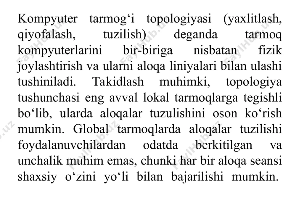 g hamma funksiyalari topshiriladi. “yulduz” topologiyali tarmoqda hech qanday mojarolar bo‘lishi mumkin emas, chunki boshqarish to‘liq markazlashgan. agar kompyuterlarni ishdan chiqishiga yulduzni mustaxkamligi to‘g‘risida gap ketsa, bunda atrofdagi kompyuterni ishdan chiqishi tarmoqning qolgan qismlarini ishlashiga hech qanday ta’sir ko‘rsatmaydi, lekin markaziy kompyuterni har qanday ishdan chiqishi tarmoqni butunlay ishdan chiqaradi. shuning uchun markaziy kompyuterni va uning tarmoqli apparturalarini ishonchliligini oshirish uchun maxsus choralar ko‘rilishi kerak. har qanday kabelni uzilishi yoki undagi qisqa tutashuv “yulduz” topologiyasida faqat bitta kompyuter bilan almashuv buziladi, boshqa kompterlar esa normal holatda ishini davom ettirishi mumkin. shinaga qaraganda yulduzda har bir aloqa liniyasida faqat ikkita abonent turadi: markaziy va atrofdagilardan bittasi. halqa (ring), bunda har bir kompyuter axborotni har doim faqat bitta zanjirda kelayotgan kompyuterga uzatadi, axborotni esa faqat zanjirdagi oldinda kelayotgan kompyuterdan oladi va bu zanjir “halqa” bo‘lib birlashgan “halqa” – bu topologiya, bunda har bir kompyuter faqat ikkitasi boshqalari bilan aloqa liniyalari bilan ulangan. …