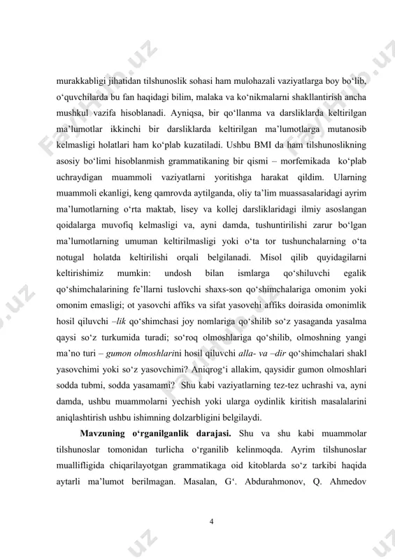 ‘plash va tahlil qilish; - adabiyotlardan morfemika, so‘z yasalishining barcha ko‘rinishlariga misollar to‘plash; - to‘plangan misollarni tahlil qilish; - to‘plangan misollar, o‘rganilgan ilmiy asarlardan olingan fikrlar asosida umumiy xulosalar chiqarish. bitiruv malakaviy ishining obekti sifatida qayta bo‘lakka bo‘linmaydigan, so‘zning eng kichik ma’noli qismini tashkil etuvchi morfemalarni ko‘rsatishimiz mumkin. ishning metodologik asosi sifatida morfemalarning nutqiy faoliyatimizda qaysi o‘rinlarda va qay tarzda ishlatilishi, ularning qo‘llanilishidagi asosiy maqsad va vazifalar va bu maqsad va vazifalarning o‘quvchilar ongiga qay tarzda singdirilishi belgilandi. bitiruv malakaviy ishimning tuzilishi kirish, uch asosiy bob, xulosa va adabiyotlar ro‘yxatidan tashkil topgan. i bob. leksikologiya, uning turlari, o‘rganish manbai va predmeti. 1.1 tilshunoslikning leksikologiya bo‘limi va uning taraqqiyoti. o‘zbek (qadimgi turkiy) tilini o‘rganish mahmud qoshg‘ariydan boshlanadi. bu alloma eng birinchi turkiy tilshunosi, adabiyotshunosi, elshunosi sifatida nom chiqargan olimdir. u o‘zining “devonu lug‘otit-turk” asarida turkiy tilda mavjud bo‘lgan so‘zlarni ma’lum turkumlarga (ot, fe’l, yordamchi so‘zlarga) ajratgan. buyuk vatandoshimiz abudqosim mahmud az-zamahshariy …