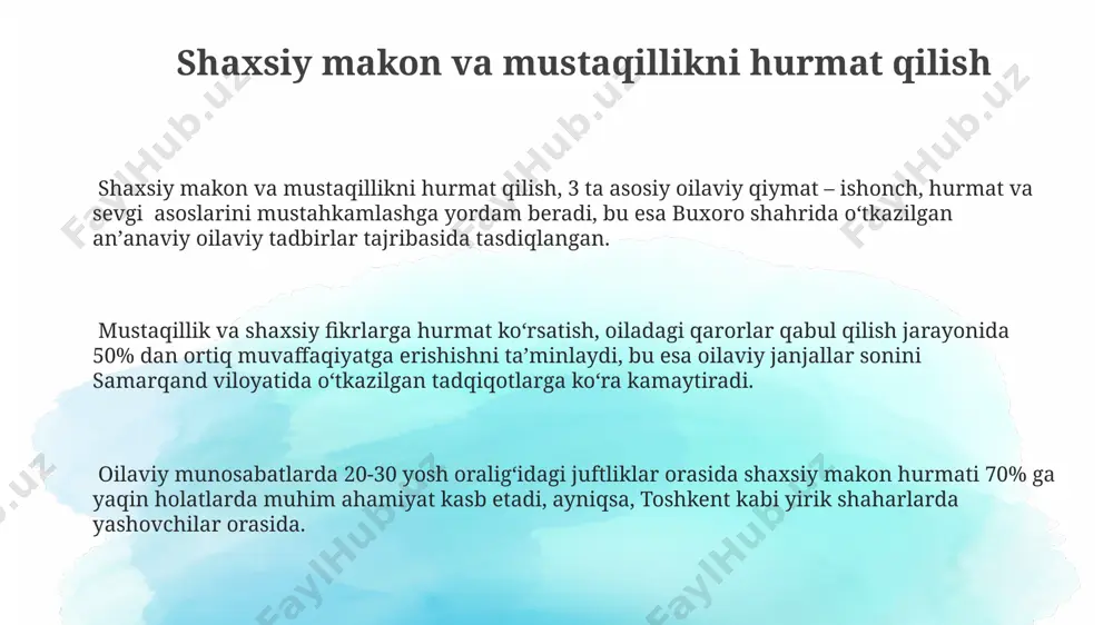 amerika oilasi tadqiqotlari markazining ma'lumotlari ko'rsatmoqda. psixologik tadqiqotlar shuni tasdiqlaydiki, 5 bosqichli qadam-baqadam reja yordamida, jumladan, muammoni aniqlash, rejani tuzish va natijalarni baholash orqali, juftliklar o'zaro munosabatlarini 20% ga yaxshilashga erishishi mumkin. samarqand shahridagi juftliklar terapiyasi markazining statistikasi shuni ko'rsatadiki, 3 yildan ortiq birgalikda yashayotgan juftliklarning 85% o'zaro qo'llab-quvvatlash va birgalikda hal qilish strategiyasini qo'llagan holda, qiyinchiliklarni engishda muvaffaqiyatli bo'lgan. samimiy muloqotning roli o'zaro tushunish va hurmatni rivojlantirishda faol tinglash, empatiya va konstruktiv fikr almashish kabi 3 ta asosiy omil samimiy muloqotning samaradorligini oshiradi. samimiy muloqot, toshkentdagi oilaviy terapiya markazlarining tajribasiga ko'ra, janjallar sonini 50% ga kamaytirish va munosabatlarning mustahkamlanishiga yordam beradi. samimiy muloqot, oilaviy munosabatlarning 70% muvaffaqiyatini ta'minlaydi, degan tadqiqotlar mavjud bo'lib, bu raqam amerika va yevropa mamlakatlarida o'tkazilgan so'rovnomalarda tasdiqlangan. professional yordamdan foydalanish oilaviy terapiya seanslarida 5 dan ortiq juftlik bilan ishlagan tajribali psixologlar, toshkentdagi "mehr" markazida, munosabatlardagi muammolarni hal qilishda samarali usullarni qo'llaydilar, bu esa 80% muvaffaqiyatga …
