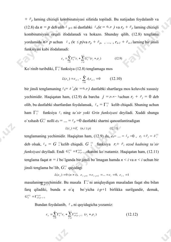 a 2-teoremaga ko`ra (12.4) formulaning dastlabki xatoga nisbatan turg`un emasligi kelib chiqadi. bu formulaning yaxlitlash xatosiga nisbatan ham turg`un bo`lmasligiga ishonch hosil qilish qiyin emas. aksincha, formula 5-teoremaga ko`ra dastlabki xatoga nisbatan turg`un hisoblash jarayonini beradi. 3. jadval ko`rinishida berilgan funksiyalarni integrallash. faraz qilaylik, [х0, х] oraliqning teng uzoqlikda joylashgan хп = х0 + nh(n = ; x0 + nh x х0 + nh + h) nuqtalarida f(x) ning qiymatlari berilgan bo`lib, shu qiymatlar bo`yichа ni o`sha teng uzoqlikda joylashgan хп = х0 + nh nuqtalarda hisoblash talab qilinsin. biz avval dastlabki jadvalni davom ettirish masalasini ko`rib chiqamiz. jadvalning boshlang`ich va oxirgi qismlarini tuzish masalalarini keyinroq ko`ramiz. faraz qilaylik, hisoblashlar хп=х0+nh тугунгача bajarilgan bo`lib, у(х) ning oxirgi hisoblangan qiymati y(xn) bo`lsin. keyingi у(хп+1) qiymatni topish uchun ixtiyoriy ma`lum у(хк)(к п) qiymatlardan va f ning jadvaldagi ixtiyoriy qiymatidan foydalanish mumkin. biz faqat hisoblangan bitta у(хп) qiymatdan foydalanib, у(хп+1) ni hosil qiladigan …