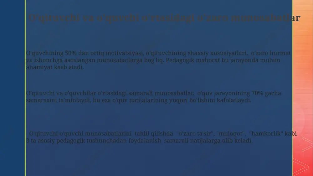 rchas bog'liq. o'qituvchi o'quv jarayonini 3 ta asosiy tarkibiy qism: ta'lim mazmuni, o'quv uslublari va baholashni muvozanatli tarzda boshqarish, shuningdek, o'quvchilarning individual ehtiyojlarini hisobga olish vazifasini bajaradi. pedagogik faoliyatning asosiy subyekti sifatida o'qituvchi o'qituvchi pedagogik jarayonning asosiy subyekti bo'lib, o'quvchilarning 70% ga yaqin bilim olish jarayoniga bevosita ta'sir ko'rsatadi, shuningdek, o'quv muhitini shakllantirishda muhim rol o'ynaydi. pedagogik faoliyat samaradorligi, o'qituvchining kasbiy kompetensiyasi, ya'ni kamida 5 ta muhim didaktik printsipni qo'llash va zamonaviy pedagogik texnologiyalardan foydalanish darajasi bilan bog'liq. o'qituvchining o'z-o'zini rivojlantirishga bo'lgan 20% vaqt sarflash istagi, uning kasbiy mahoratini oshirishga va innovativ pedagogik yondashuvlarni qo'llashga olib keladi, natijada o'quv natijalari 15% ga yaxshilanadi. o'qituvchining kasbiy kompetensiyalari o'qituvchining kasbiy kompetensiyasi 5 ta asosiy yo'nalishdan iborat bo'lib, ularning har biri 10-15 ta alohida ko'nikma va malakalarni o'z ichiga oladi, jumladan, didaktik texnologiyalarni qo'llash hamda o'quvchilarning individual ehtiyojlarini hisobga olish. o'qituvchining muvaffaqiyati 70% o'z ustida ishlashiga, 20% o'quvchilar bilan munosabatlariga, va 10% moddiy-texnik …