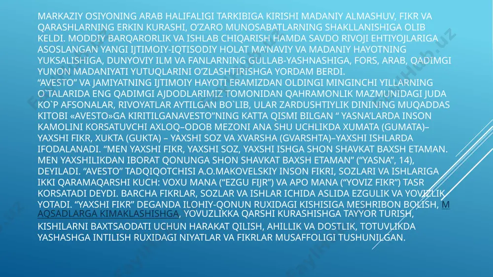 islomning paydo bo’lish davriga tegishli, biroq ularning katta qismi islomning keyingi rivojiga bog’liq. hadislarning obro’si bilan islomda shakllanayotgan yangi tamoyillar, diniy, huquqiy, maishiy va ma’muriy amaliyotning barcha sohalari yoritilgan. hadis shaklida islomga madaniy va g’oyaviy merosning ko’pgina turlari kirdi. biroq hadislar qur’on va islomdan tashqarida mavjud bo’lmaydi. islom monoteistik din, ya’ni uning mazmuni yagona xudo-allohga iymon keltirishdir. bu dinning asoschisi muhammad (sav) hisoblanib (570-632) u ushbu dinning payg’ambari hisoblanadi. musulmonlar o’limdan keyingi hayotga ishonishadi. ularning muqaddas kitobi qur’ondir. so’ngi paytlard respublikamiz olimlari xalq pedagogikasining manbalari doirasini kengaytirishni taklif qilishmoqda. “evropa pedagogikasida tarbiya uchun zarur bo’lgan umuminsoniy xislatlarning mavjudligini tan olgan holda. yan amos komenskiy, ushinskiy, makarenkolarning ilmiy merosiy ahamiyatini e’tibordan chetda qoldirmay, bizda ham boshqa xalqlarda bo’lgani kabi beruniy, forobiy, imom al-buxoriy, at-termiziy, navoiy,avloniy, behbudiy, munavvarqori kabi mashhur mutaffakkirlar borligini unutmasligimiz lozim. bizning yoshlar ko’p yillar mobaynida ulardan, buyuk merosdan bebahra bo’lishganligi esa achinarli holdir.”. 1991-yil ozbekiston respublikasi e`lon qilinishi …