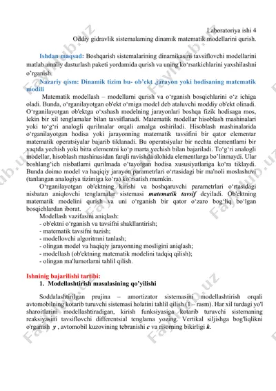 oddiy gidravlik sistemalarning dinamik matematik modellarini qurish — DOCX
