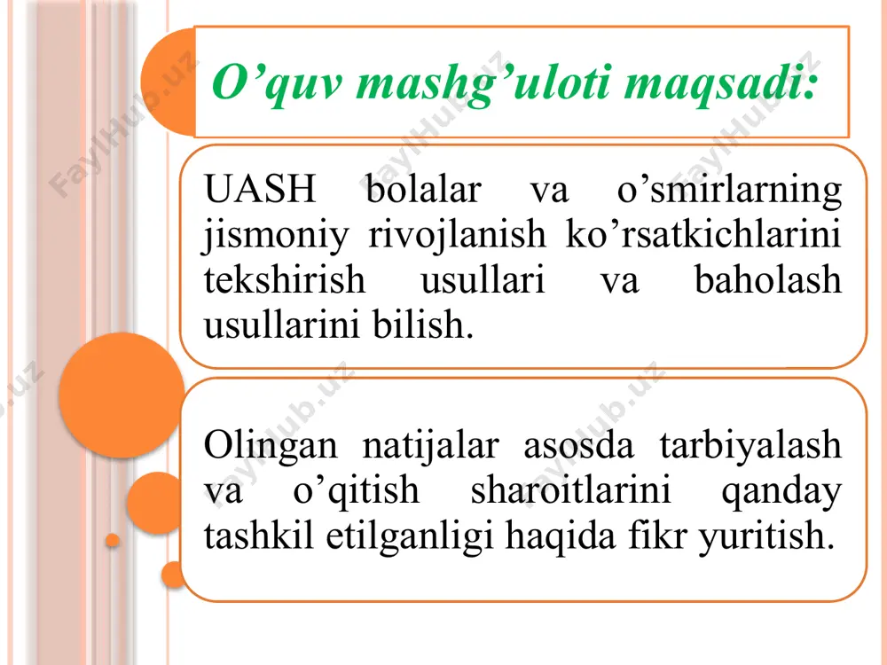arning jismoniy rivojlanishini nazorat qilishdan iborat. bu bolalarning yashash muhitidagi gigienik omillarni o’z vaqtida to’g’ri baholash va korrektsiya qilishga imkon beradi, jumladan bolalarning ovqatlanishi, jismoniy mashqlarning turi va darajasi, ish va o’qish joylarining tashkil etilganligi, to’g’ri tuzilgan kun tartibi, hamda maktabdagi mashg’ulotlarning tartibi va xarakteri, bolalar muassasalarining sanitar-texnik jihozlanganligining to’g’riligi, xonalarning yoritilish sifati kabilar. bundan tashqari jismoniy rivojlanishni shaxsiy tarzda tahlil qilish, har bir muayyan bolaga nisbatan uash ish taktikasini aniqlashga imkon beradi: qo’shimcha tibbiy tekshirishlarni o’tkazilish zaruriyati, davolovchi-sog’lomlashtirish tadbirlari. bolalar va o’smirlarning jismoniy rivojlanish ko’rsatkichlari oilada va hamda maktabgacha va maktab muassalaridagi tarbiyalash va o’qitish sharoitlarinng qanday yaratilganligiga bog’liqdir. bunday eng ko’p ahamiyatga ega bo’ladigan omillar qatoriga bolalarning ovqatlanish sifati, jismoniy yuklamalarning xarakteri va darajasi, o’qish joylarining tashkil etilganligi, oqilona tuzilgan va bajariladigan kun tartibi, maktabdagi darslarning tartibi va xarakteri, bolalar muassasalaridagi sanitar-texnik jihozlarning sozligi, xonalarning yoritilish sifati va b.q. kiradi. shuning uchun vrach bolalar va o’smirlarning jismoniy rivojlanish …