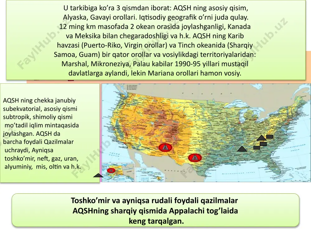 ikkinchi, qishloq xo'jalik mahsulotlarini eksport qilish bo'yicha birinchi o'rinni egallaydi. amerika iqtisodiyotida kapitaining markazlashuvi asosiy belgi hisoblanadi. qorametallurgiya. sanoatning bu tarmog'ini «muammo»ga boy deb aytish mumkin. boshqa iqtisodiy rivojlangan mamlakatlar singari aqsh da qorametall eritish qisqarmoqda (xx asrning 90-yillari boshida, taxminan, 100 mln.t, hozirda 75—80 mln.t). bu sohada ishlovchilar soni ham kamayib ketmoqda. qorametallarni eritish jarayonini mamlakatda bir nechta yirik kompaniyalar nazorat qiladi. shularning eng mashhuri — «yunayted steyts stil» korporatsiyasidir. rangli metallurgiya. aqsh rangli metallarning asosiy turlarini yirik ishlab chiqaruvchisi hisoblanadi. mis, rux, qo'rg'oshin eritish zavodlari montana, yuta, aydaxo, arizona shtatlarida rnavjud. yirik rangli metallurgiya rayoni tinch okeani sohilining shimoli-g'arbiy qismida jovlashgan. mashinasozlik va metallni qayta ishlash sanoati aqsh sanoatidagi eng yirik tarmoq hisoblanadi. unga sanoatda jami band aholining 40% i to'g'ri keladi. aqsh mashinasozligini o'n minglab korxonalar va minglab firmalar tashkil etadi, lekin shularning ichida bir nechta yirik monopoliyalar hukmronlik qiladi. avtomobilsozlikda — «jeneral motors», «ford motors»; aviasozlikda …