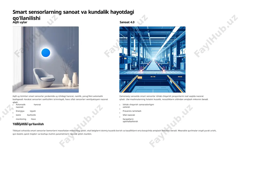 exnologiyalarning markaziy qismi bo'lib, ular bizning hayotimizni osonlashtiradi va yanada samarali qiladi. har bir smart qurilma ichida ularning izlari bor. cheksiz imkoniyatlar iot va sun'iy intellekt bilan birgalikda smart sensorlar yangi dunyo yaratmoqda - aqlli shaharlar, aqlli uylar, aqlli transport va aqlli sanoat kabi tushunchalar haqiqatga aylanmoqda. kelajak bugundan boshlanadi bugun smart sensorlar texnologiyalariga investitsiya qilganlar ertangi dunyoni boshqaradi. bu texnologiyalar nafaqat biznes imkoniyatlarini, balki insoniyat kelajagini ham belgilaydi. smart sensorlar va ular asosidagi texnologiyalar bizni yangi raqamli asrga olib kirmoqda. ular orqali biz nafaqat samaradorroq ishlayapmiz, balki yanada sog'lom, xavfsiz va qulay hayot kechiramiz. kelajakda bu texnologiyalar yanada takomillashib, insoniyat rivojlanishida hal qiluvchi rol o'ynaydi. oxir-oqibat, smart sensorlar – bu nafaqat texnologiya, balki kelajakka sarmoya. ular bizga yangi imkoniyatlar ochib, hayot sifatini yaxshilash bilan birga, global muammolarni hal qilishda ham yordam beradi. energiya tejash, atrof-muhitni asrash, sog'liqni saqlash kabi barcha sohalarda ularning ta'siri beqiyosdir. image1.jpg image2.png image3.jpg image4.jpg image5.png …