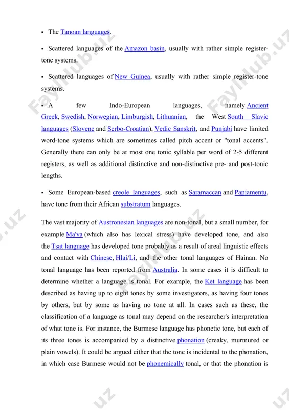 ing similar appears to be the case with ket. the most thoroughly tonal language is the 19th-century constructed language solresol, which consists ofonly tone. mechanics most languages use pitch as intonation to convey prosody and pragmatics, but this does not make them tonal languages. in tonal languages, each syllable has an inherent pitch contour, and thus minimal pairs exist between syllables with the same segmental features but different tones. here is a minimal tone set from mandarin chinese, which has five tones, here transcribed by diacritics over the vowels: the tone contours of standard chinese. in the convention for chinese, 1 is low and 5 is high. the corresponding tone letters are˥ ˧˥ ˨˩˦ ˥˩. 1. a high level tone: /á/ (pinyin ⟨ā⟩) 2. a tone starting with mid pitch and rising to a high pitch: /ǎ/ (pinyin ⟨á⟩) 3. a low tone which dips briefly before, if there is …