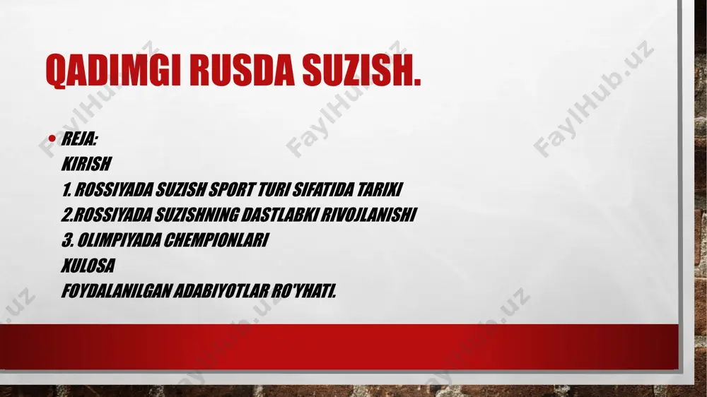 yd etilgan eng qadimgi suzish musobaqalari maktabda o‘tkazilgan. xix asr oxirida suzish rossiyada raqobatbardosh sport turi sifatida mashhur bo‘la boshladi. suzish bo‘yicha birinchi rasmiy musobaqalar 1890-yillarning boshlarida o‘tkazilgan bo‘lsa, xx asr boshlariga kelib butun mamlakat bo‘ylab suzish bo‘yicha klub va tashkilotlar tashkil etilgan.1912-yil v olimpiyada- stokgolmbu sport xx asr davomida ommalashib bordi va 1956-yilda sovet ittifoqi moskvada suzish bo‘yicha yevropa chempionatiga mezbonlik qildi, bu esa mamlakatning suzish bo‘yicha qudratli obro‘sini mustahkamlashga yordam berdi. rossiyada suzish bo‘yicha ko‘plab olimpiya chempionlari va jahon rekordchilari, jumladan, 1992-1996 yillardagi olimpiya o‘yinlarida ko‘plab oltin medallarni qo‘lga kiritgan aleksandr popov va brass usulida suzish bo‘yicha jahon chempioni yuliya efimova yetishib chiqdi. shuningdek, mamlakatda suzish bo‘yicha bir qator yirik xalqaro tadbirlar, jumladan, 2015-yilda qozon shahrida bo‘lib o‘tgan fina jahon chempionati ham bo‘lib o‘tdi. bugungi kunda suzish rossiyada mashhur sport turi bo‘lib qolmoqda, mamlakat bo‘ylab ko‘plab suzish klublari va maktablari mavjud. 2. suzish xvii asrda rossiyada dam olish …